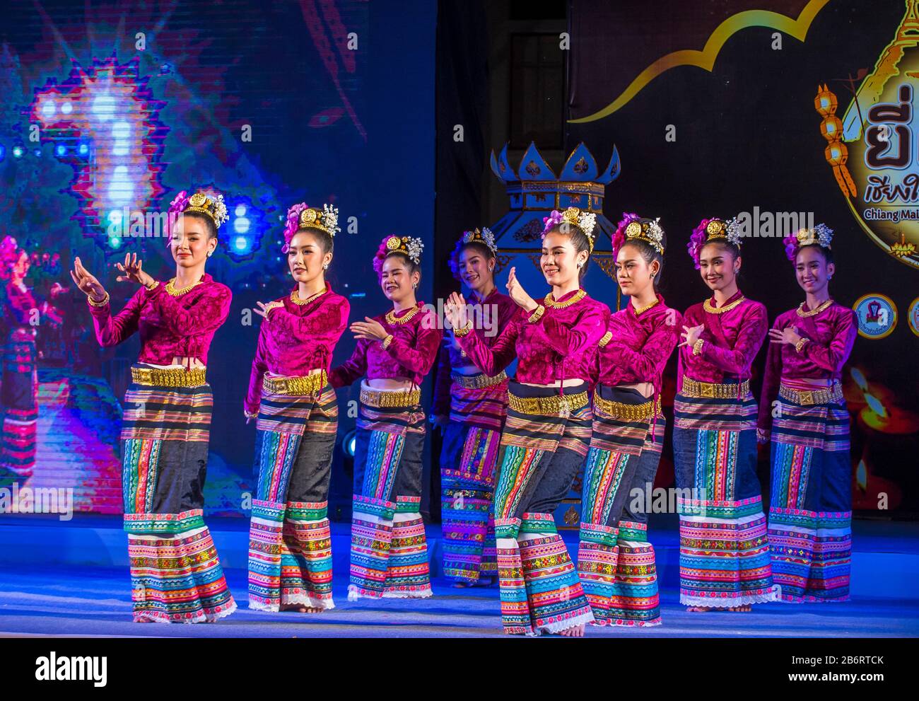 Thai dancers perform during Yee Peng festival in Chiang Mai , Thailand Stock Photo