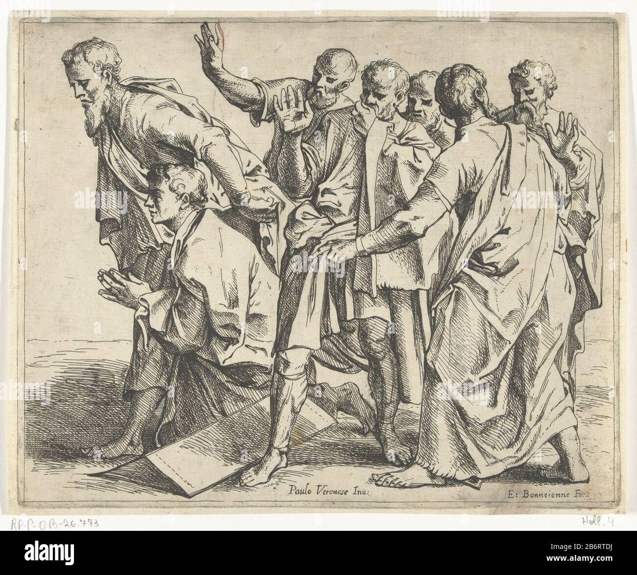 Groep mannen Seven men, possibly apostles, look to the left. They look shocked. One of the men (John) falls to his knees and bidt. Manufacturer : printmaker Eloy Bonn Jonne (listed building), designed by Paolo Veronese (listed property) Date: ca. 1640 - 1695 Physical features: etching material: paper Technique : etching dimensions: plate edge b 246 mm × h 202 mm Subject: Incredulityhuman races; peoples; nationalities (+ one) Surprise, Wonder; 'Maraviglia '(Ripa) Stock Photo