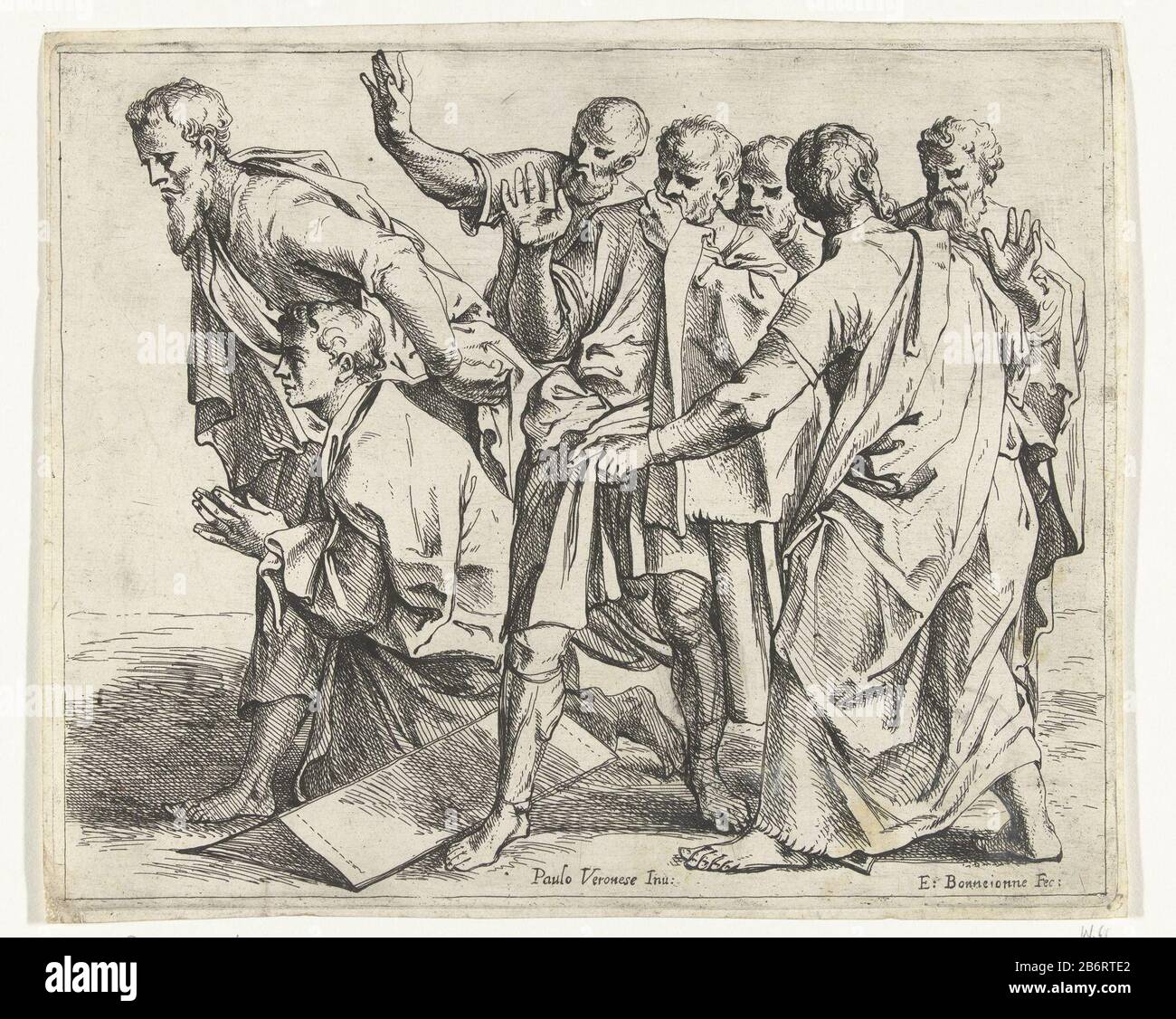 Groep mannen Seven men, possibly apostles , look to the left. They look shocked. One of the men (John) falls to his knees and bidt. Manufacturer : printmaker Eloy Bonn Jonne (listed building), designed by Paolo Veronese (listed property) Date: ca. 1640 - 1695 Physical features: etching material: paper Technique : etching dimensions: plate edge b 246 mm × h 202 mm Subject: Incredulityhuman races; peoples; nationalities (+ one) Surprise, Wonder; 'Maraviglia '(Ripa) Stock Photo