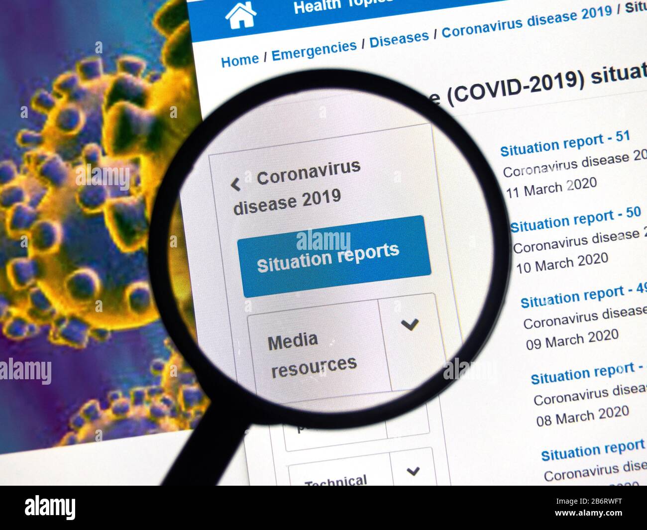 Montreal, Canada - March 11, 2020: Situation report of Coronavius spread on World Health Organisation site. Coronavirus disease 2019 COVID-19 is an in Stock Photo