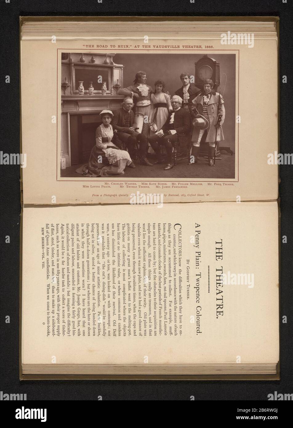 Groepsportret van de leden van The Vaudeville Company in 'The Road to Ruin' Group portrait of the members of The Vaudeville Company in 'The Road to Ruin' Object Type : photomechanical print page Item number: RP-F-2001-7-1358F 8 Manufacturer : photographer Herbert Rose Barraud (listed object ) manufacturer: anonymous date: ca. 1881 - or for 1886 Material: paper Technique: Woodburytypie Dimensions: print: h 114 mm × W 164 mmToelichtingPrent two pages page 178. Subject: adult mana dult woman historical personsWie: Charles Warner Kate RorkeFuller MellishFred Thorne Louisa Peach Thomas Thorne James Stock Photo