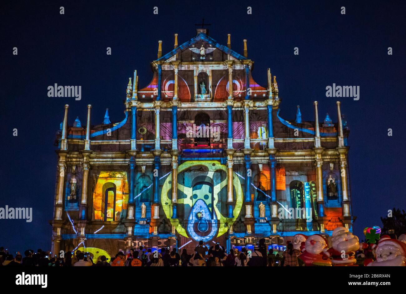 Projection show on St Pauls Ruins facade in Macau during the annual Macau Light festival Stock Photo