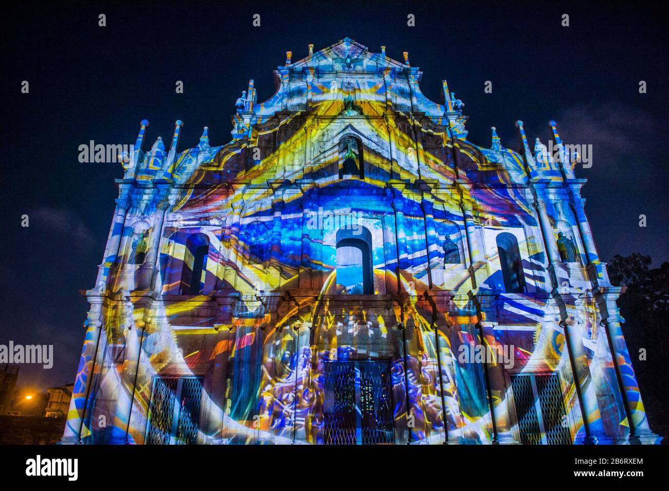 Projection show on St Pauls Ruins facade in Macau during the annual Macau Light festival Stock Photo