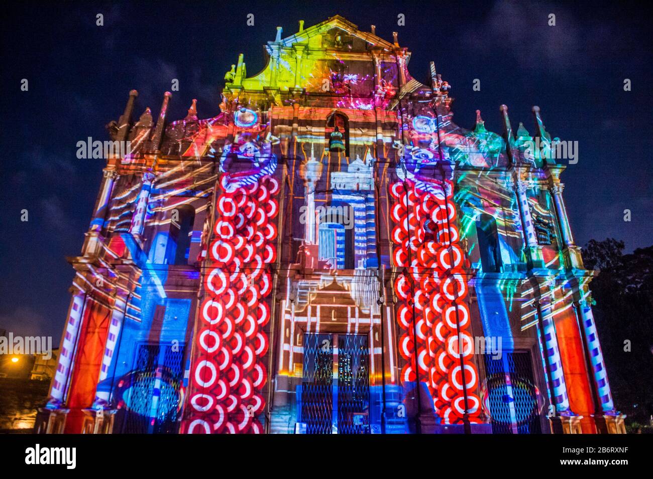 Projection show on St Pauls Ruins facade in Macau during the annual Macau Light festival Stock Photo