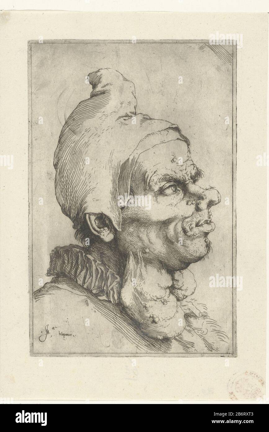 Groot grotesk hoofd Head of an Old man wearing a Phrygian cap, in profile. In its neck a large gezwel. Manufacturer : print maker: Jusepe the Ribera (indicated on object), at its design: Jusepe the RiberaPlaats manufacture: Naples Date: 1620 - 1624 Physical characteristics: etching and engra material: paper Technique: etching / engra (printing process) Measurements : plate edge: h 216 mm × W 141 mm Subject: disabilities, deformationsdiseases Affecting parts of the body and right Stock Photo