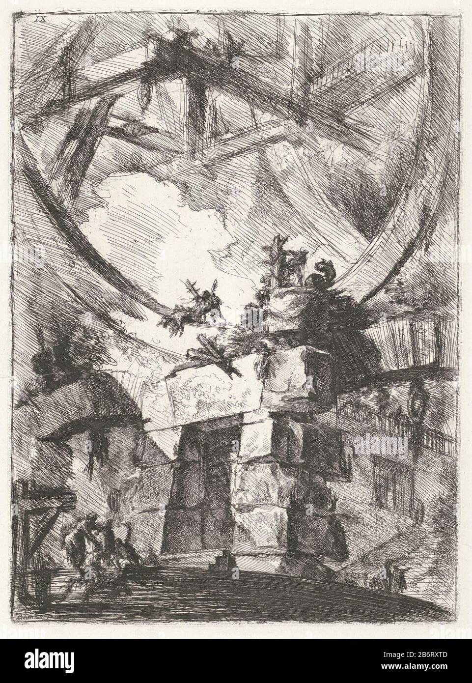 Groot wiel Kerkers (serietitel) Carceri d'invenzione (serietitel) large wooden wheel on a stone building. Numbered top left: IX. Manufacturer : printmaker Giovanni Battista Piranesi (listed building) in its design: Giovanni Battista Piranesiuitgever: Giovanni Battista PiranesiPlaats manufacture: Rome Date: 1761 Physical features: etching and engra material: paper Technique: etching / engra (printing process) Dimensions : plate edge: h 557 mm × W 406 mmToelichtingDeze print is a part of the second edition of the 'Carceri'-series by Giovanni Battista Piranesi. The 14 plates (including frontispie Stock Photo