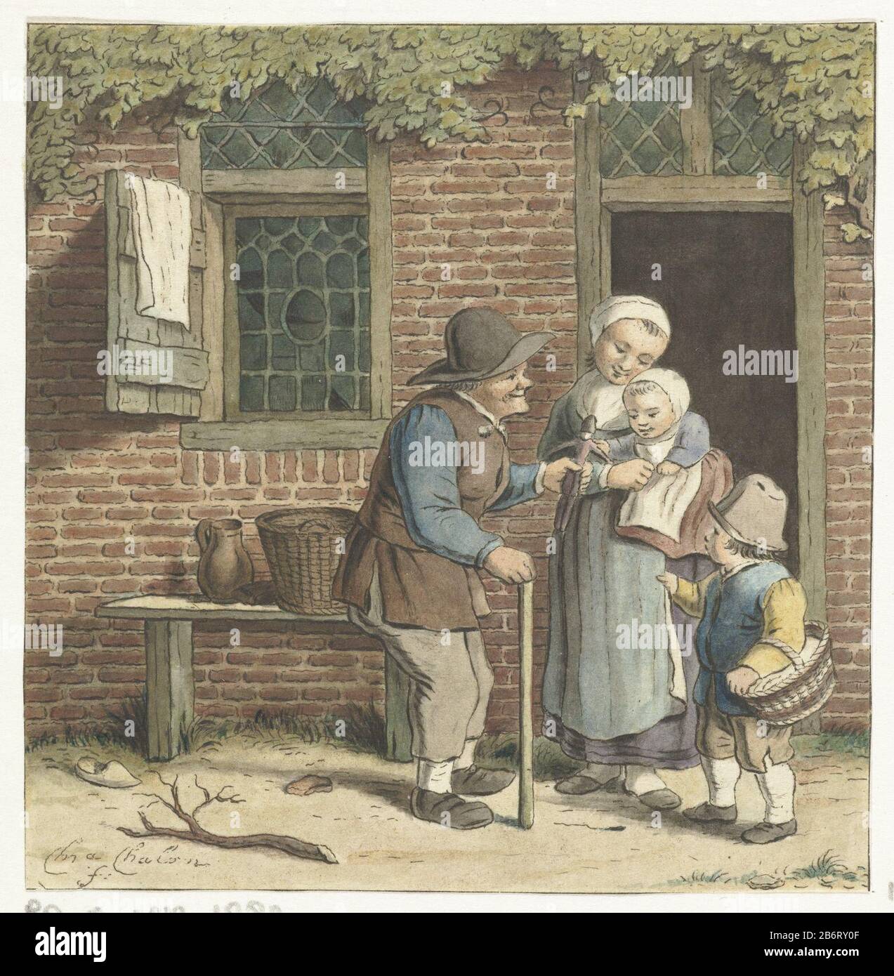 Grootvader deelt speelgoed uit at the threshold of a house is a family of a  mother and two children. An old man, Where: apparently their grandfather,  the youngest child a doll to