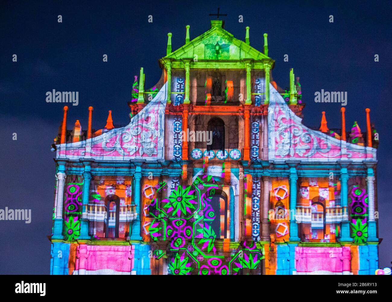 Projection show on St Pauls Ruins facade in Macau during the annual Macau Light festival Stock Photo