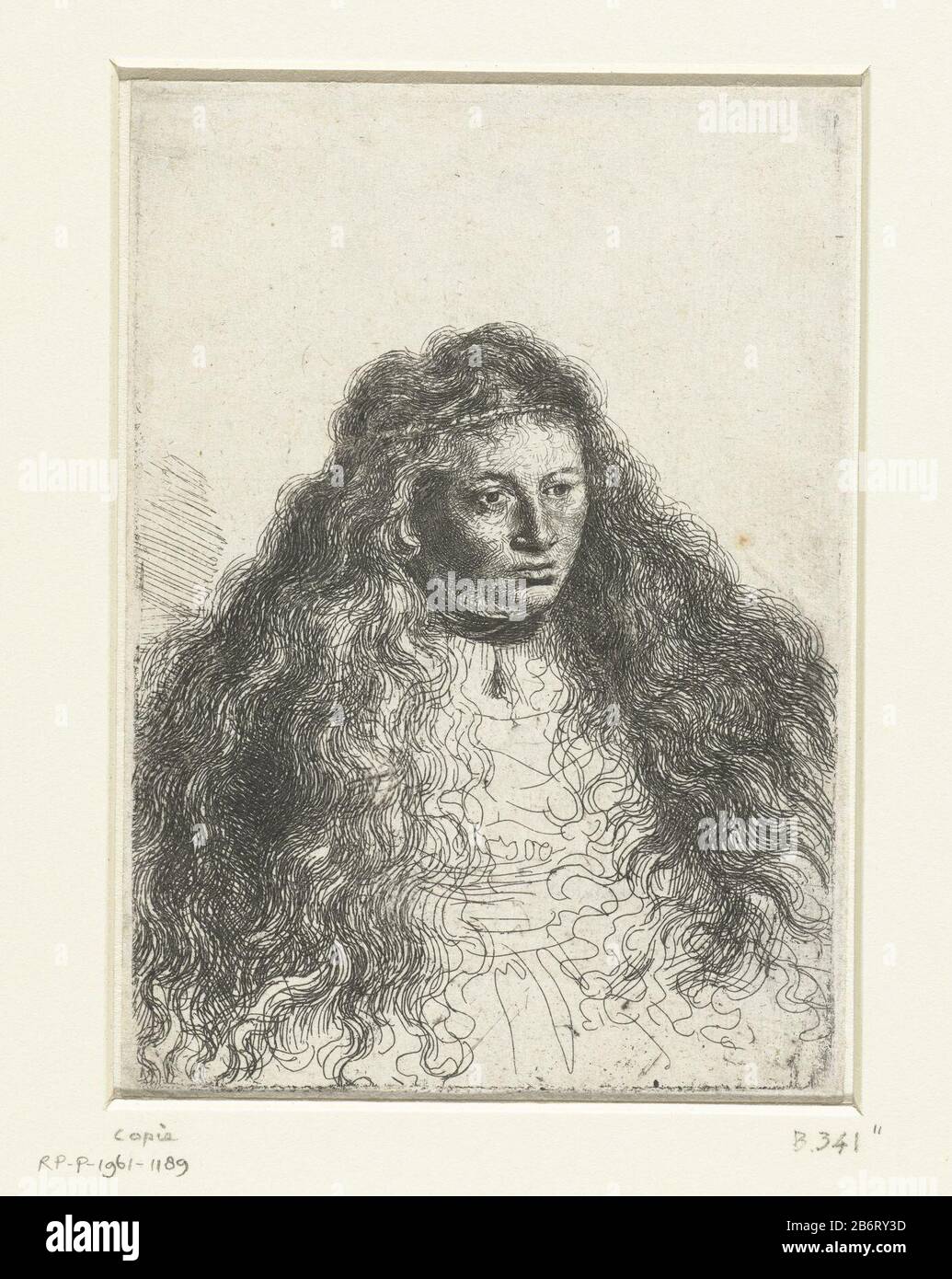 Grote Joodse bruid woman with long hairs and haarband. Manufacturer : print maker: Ferdinand Bol (attributed to) to print by: Rembrandt van Rijn Place manufacture: The Netherlands Date: 1635 - 1680 Physical characteristics: etching material: paper Technique: etching dimensions: plate edge: h 135 mm × W 96 mmToelichtingSpiegelbeeldige copy to the same picture of Rembrandt (340 Bar). Botke, K. Subject adolescent, young woman, maiden (+ three-quarter view) Stock Photo