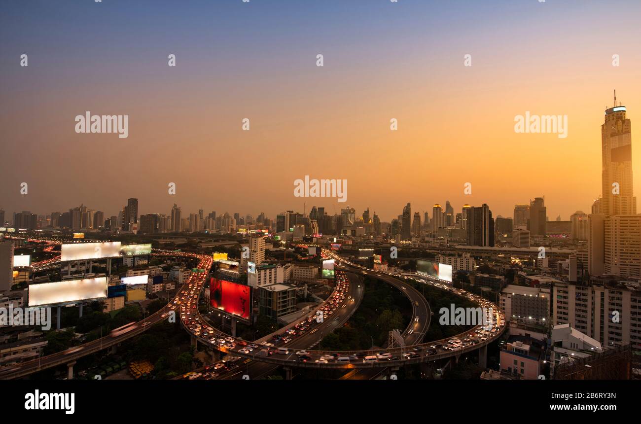 Bangkok city central business downtown with highway interchanged ...