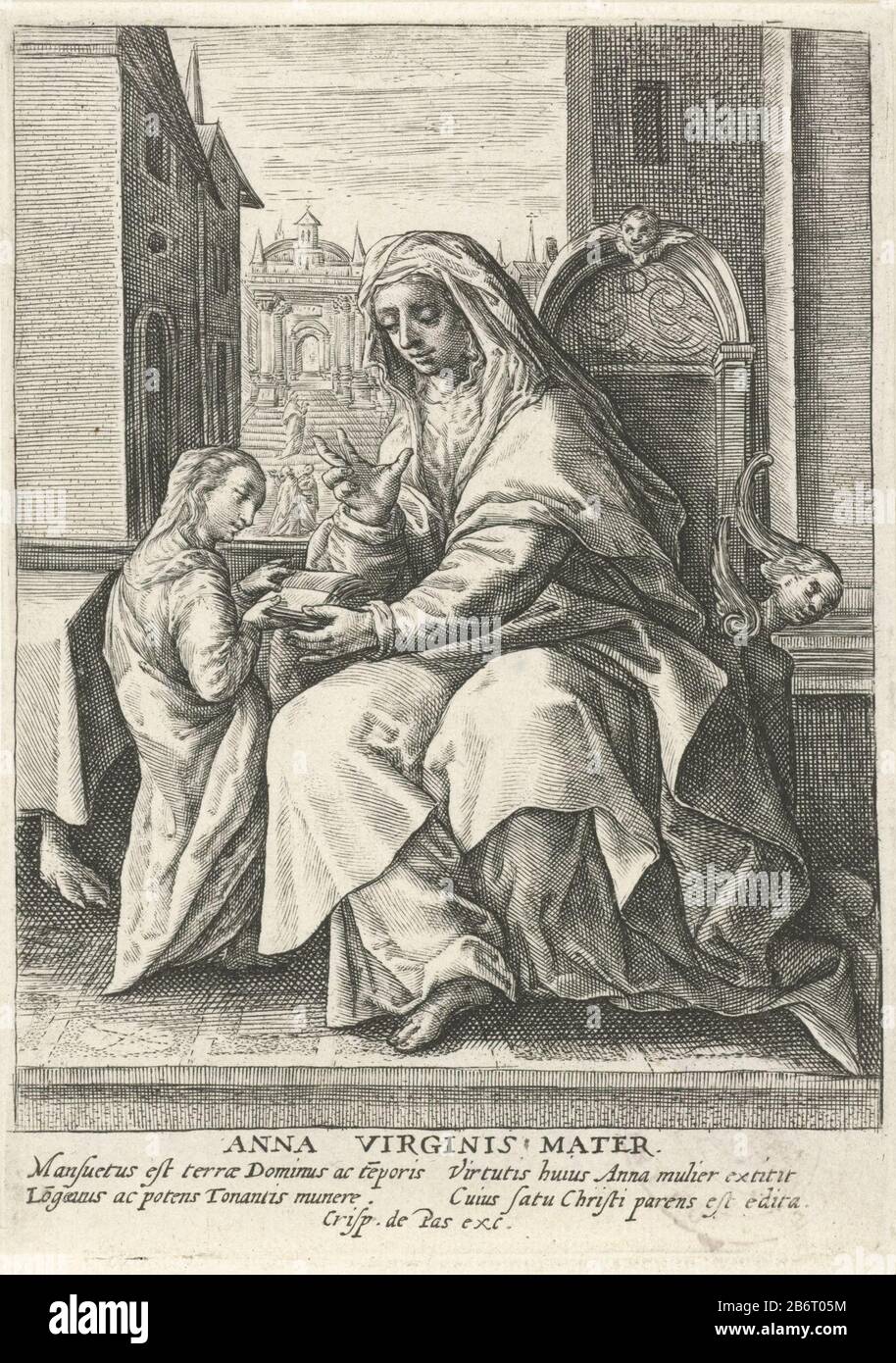 H Anna onderwijst Maria The Holy Anna sits on a chair and teaches her young daughter Maria. In the margin a two-line caption in Latijn. Manufacturer : printmaker: Crispijn of Passe (I) Publisher: Crispijn of Passe (I) (listed building) Dated: 1574 - 1637 Physical features: car material: paper Technique: engra (printing process ) Dimensions: sheet: h 145 mm × W 103 mm Subject Anna teaching Mary to read and Stock Photo