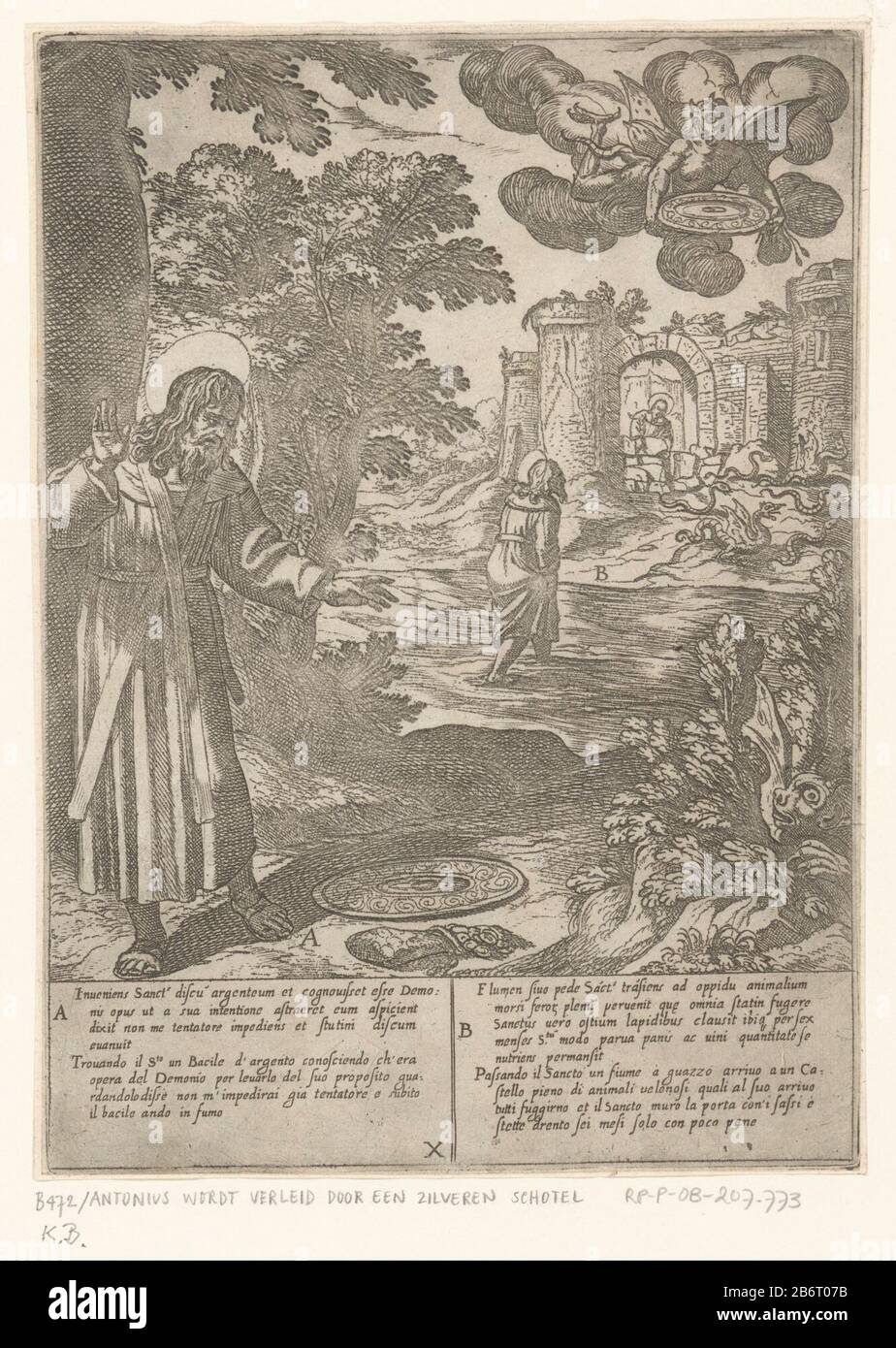 H Antonius in verleiding gebracht door een zilveren schotel Het leven van de heilige Antonius de Grote (serietitel) St. Anthony is tempted by a silver platter is placed on the ground by a devil who has the bushes constipated. In the background Antony at a gate with snakes and dragons. Italian and Latin text in two columns in the ondermarge. Manufacturer : printmaker Antonio Tempesta to mural: Niccolò Circignaninaar painting by Giovanni Battista Lombardelliuitgever: Giovanni Orlandiverlener of privilege unknown dedicated to: Cinzio Passeri Aldobrandiniopgedragen by Antonio Tempesta Place manufa Stock Photo