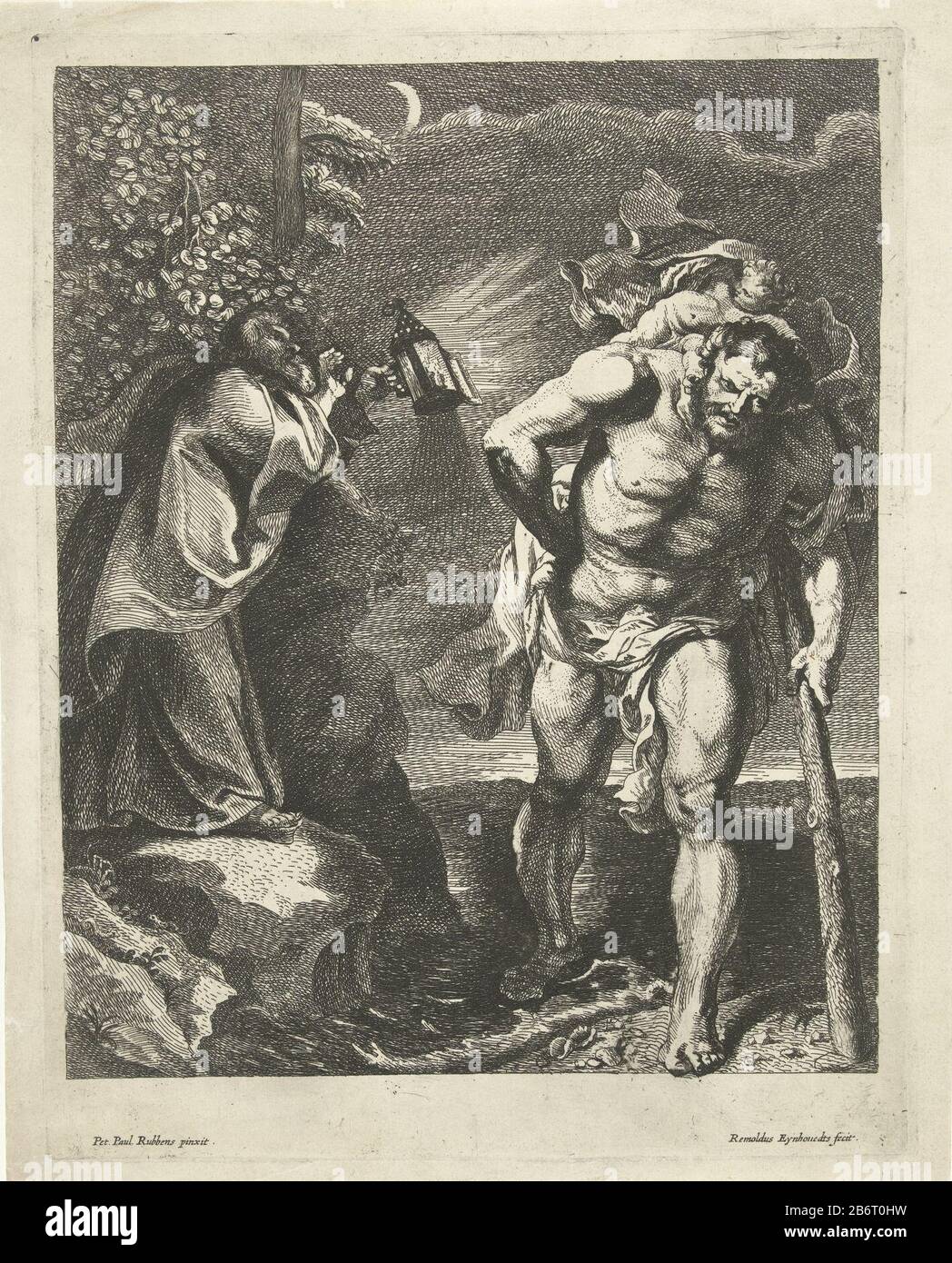 H Christoffel The Saint Christopher carrying the Christ Child the river on his shoulders. On the shores seems hermit him with a lantern bij. Manufacturer : printmaker: Remoldus Eynhoudts (listed property) to painting by Peter Paul Rubens (listed property) Place manufacture: Antwerp Date: 1626 - 1680 Physical features: etching material: paper Technique: etching dimensions: plate edge: h 315 mm × W 243 mm Subject: the giant and martyr Christopher; possible attributes: palm-tree (with bunches of dates, or withered), infant Christ Stock Photo