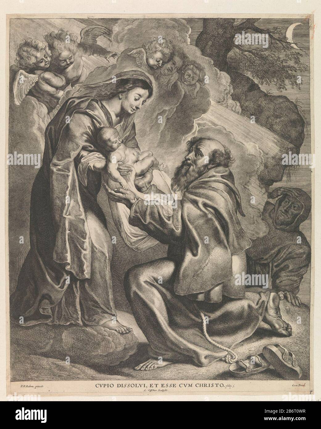 H Franciscus ontvangt het Christuskind uit Maria's armen St. Francis receives the Christ Child in Mary's arms Object type: picture Item number: RP-P-OB-75.820Catalogusreferentie: Hollstein Dutch 15-4 (4) Description: The St. Francis of Assisi is in a rocky landscape and a vision that Mary him the Christ child hands so he put it in his arms can houden. Manufacturer : printmaker Cornelis Visscher (II) (listed building) to painting by Peter Paul Rubens (listed property) provider of privilege: unknown (reported object) Place manufacture: Northern Netherlands Date: 1638 - 1658 Physical features: et Stock Photo