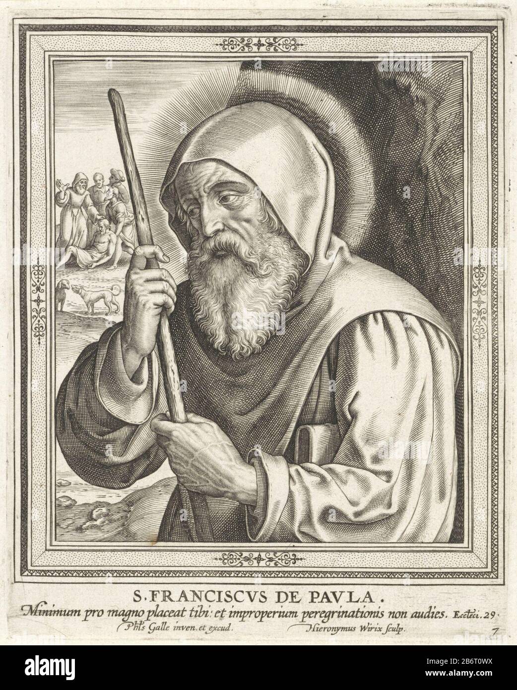 H Franciscus van Paola S Franciscvs de Pavla (titel op object) Mannelijke stichters van een religieuze orde (serietitel) St. Francis of Paola, founder of the Order of Minims, with a stick in his hands. Left background heals holy sick people. In the margin a Bible quote from Sir. 29 in Latijn. Manufacturer : printmaker: Jerome Who: rix (listed property) designed by Philips Galle (listed building) publisher: Philip Galle (listed property) Place manufacture: Antwerp Date: 1563 - Characteristics 1610 Physical: car material : paper Technique: engra (printing process) Dimensions: plate edge: h 163 m Stock Photo