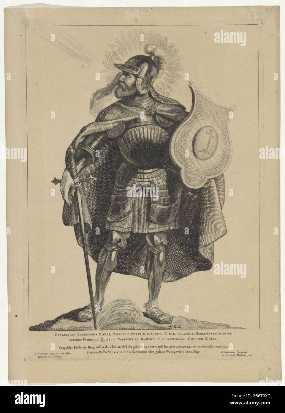 as Excentriek Latijns H Gangolphus van Varennes Nederlandse heiligen (serietitel) The sacred  Gangolphus of Varennes depicted as a knight, in armor with heavy: d, and a  shield with a cross. Under his sword, water flows