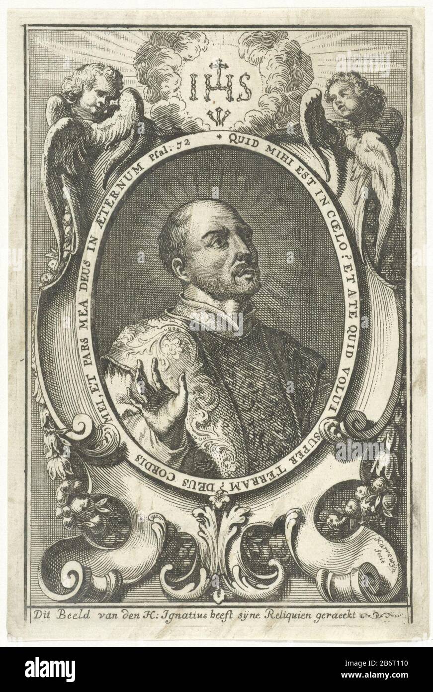 H Ignatius van Loyola St. Ignatius of Loyola right in an oval, within a cartouche decorated with garlands. Top two cherubs' heads and wings. At the top monogram IHS in a cloud and stralenkrans. Manufacturer : printmaker: James Harrewijn (listed building) printmaker François Harrewijn (rejected attribution) Place manufacture: Netherlands Date: 1682 - 1727 Physical features: etching and engra material: paper Technique: etching / engra (printing process) Measurements: plate edge: h × 129 mm b 85 mm Subject: personal devotion of St. Ignatius of Loyola Ornament  festoon, garland Stock Photo