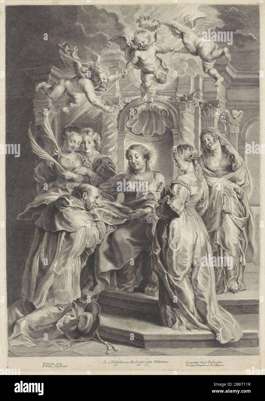 H Ildefonsus van Toledo Holy Ildefonsus, kneeling before Mary, a chasuble him aanbiedt. Manufacturer : printmaker: Hans Witdoeck (listed property) to painting by Peter Paul Rubens (listed property) provider of privilege Spanish crown (listed property) Place manufacture : Antwerp Date: 1638 Physical features: car material: paper Technique: engra (printing process) Dimensions: plate edge: h 538 mm × W 378 mm Subject: the Virgin Mary Appears to St. Ildefonso and gives him a chasuble Stock Photo