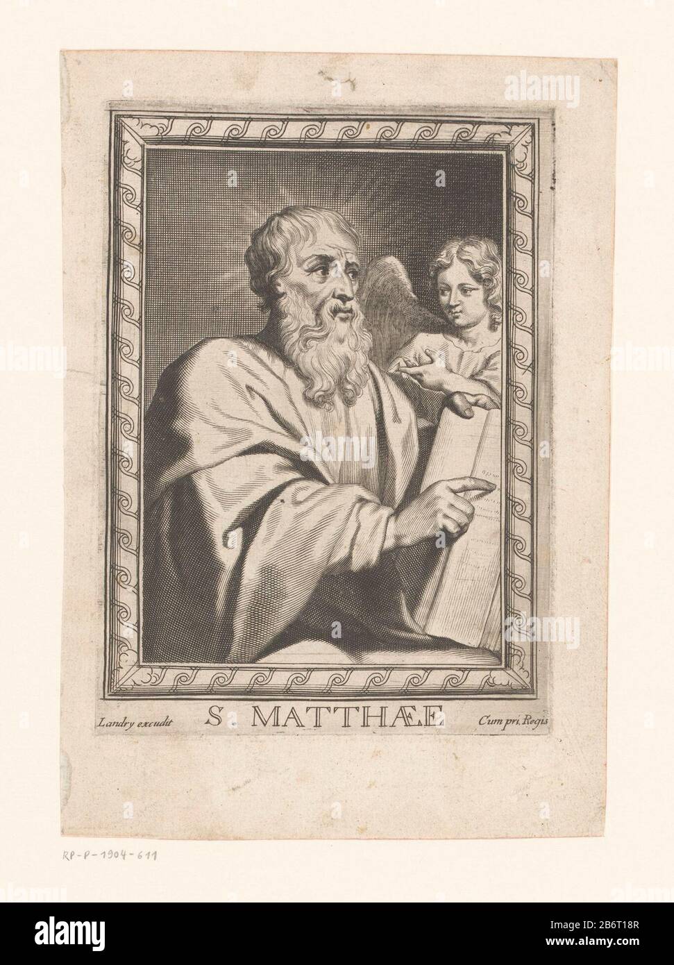 St. Matthew with the English. Matthaee (title object) Twelve Apostles, the four Church Fathers and Mary (series title) Property Type: picture Item number: RP-P-1904-611 Inscriptions / Brands: collector's mark, verso, stamped: Lugt 2228 Manufacturer : printmaker: Pierre Landry (listed building) Publisher: Pierre Landry (possible) provider of privilege: Louis XIV (king of France) (listed building) Place manufacture: printmaker: France Publisher: Paris Date: 1640 - 1701 Material: paper Technique: engra (printing process) Dimensions: plate edge: h 164 mm b × 120 mm Subject: angel (possibly with bo Stock Photo