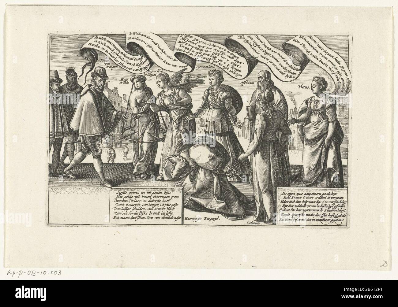 Haarlemse burgerij vraagt Willem van Oranje om hulp Allegory Where: in the citizens of Haarlem, the prince of Orange begs for help, ca. 1577-1579. The prince is sued by the personifications of Haarlem Burgerij kneeling chained using Disaster (Calamitas). Above from left to right Requirement, Desirable Desire, General Interest (Tgemeelandt), Directors (Officium) and Piety (Pietas). In the show the band and cartouches with text and speech bubbles spoken by the characters. The text of Haarlem Burgerij refers to a verderflyke lights int last, that's the great fire of 1576. Manufacturer : printmake Stock Photo