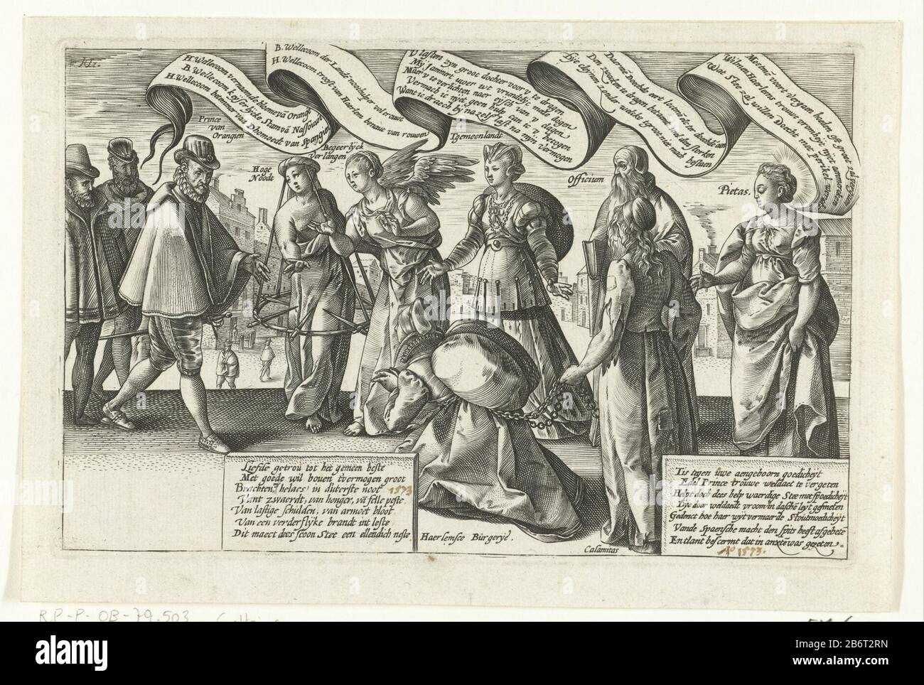 Haarlemse burgerij smeekt de prins van Oranje om hulp, ca 1577-1579 Allegory Where : in the citizens of Haarlem, the prince of Orange begs for help, ca. 1577-1579. The prince is sued by the personifications of Haarlem Burgerij kneeling chained using Disaster (Calamitas). Above from left to right Requirement, Desirable Desire, General Interest (Tgemeelandt), Directors (Officium) and Piety (Pietas). In the show the band and cartouches with text and speech bubbles spoken by the characters. The text of Haarlem Burgerij refers to a verderflyke lights int last, that's the great fire of 1576. Manufac Stock Photo