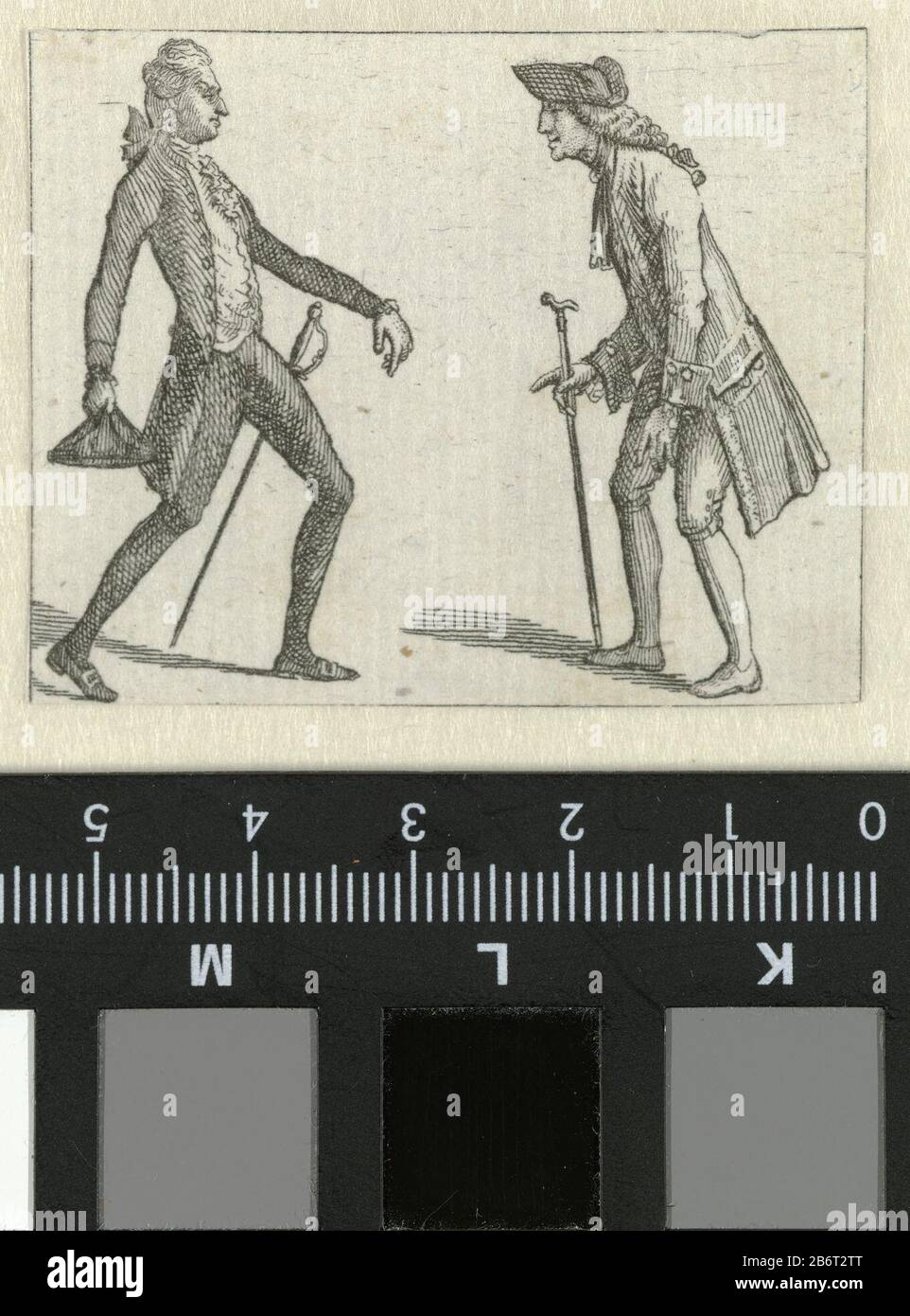 Habillemens de Leipzig 1785-1786 twee staande mannen Links een man gekleed in een frak, vest en kniebroek. Gerimpelde jabot en manchetten. Kousen. Accessoires: (sier)degen, driekantige steek, schoenen met gespen. De man rechts draagt een justaucorps, jabot, kniebroek, kousen. Accessoires: hoed, wandelstok, schoenen. De prent maakt deel uit van een almanak, Habillemens de Leipzig, 1785-1786. Manufacturer : prentmaker: Ernst Ludwig Riepenhausen Dating: 1785 - 1786 Physical kenmerken: ets Material: papier Techniek: etsen Dimensions: blad: h 42 mm × b 53 mm Subject: trousers, breeches, etc. (BREEC Stock Photo