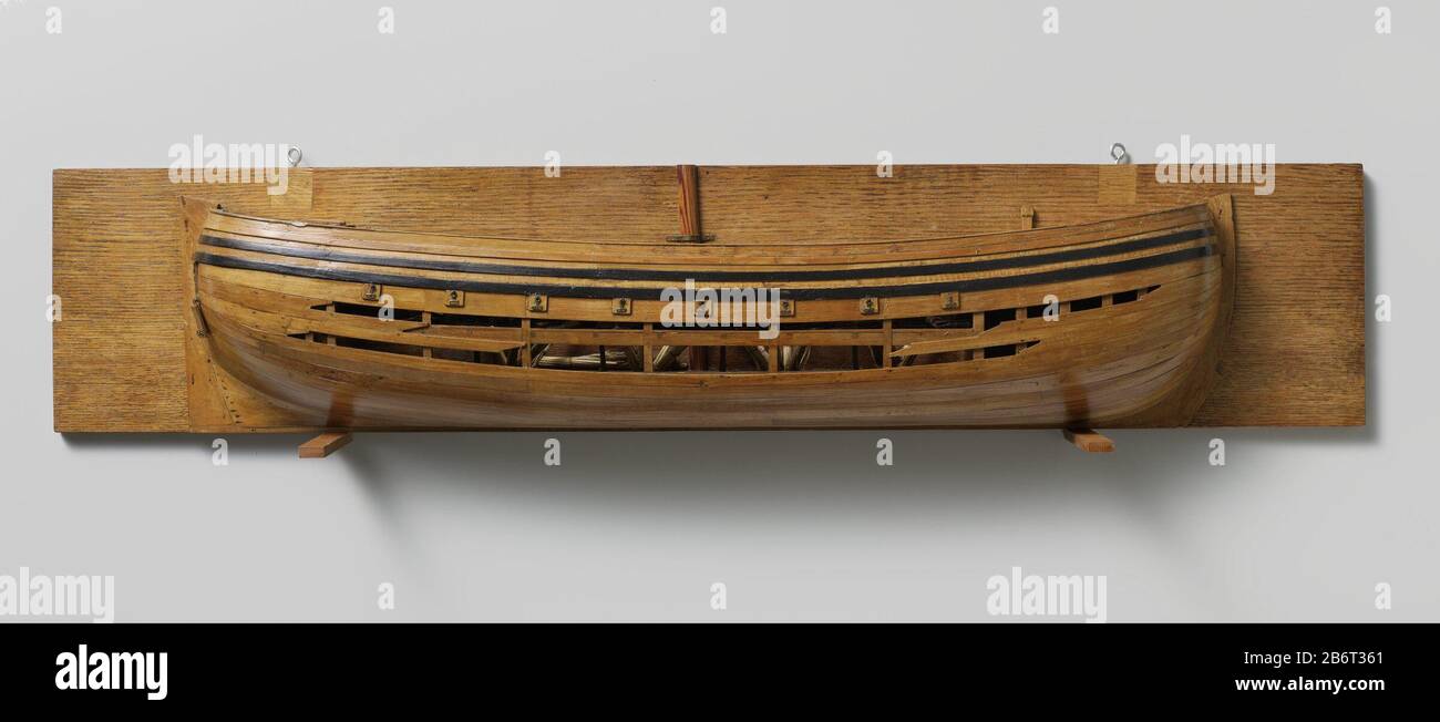 Halfmodel van een brander Fully planked truss model (starboard) one mast of  a barge. The skin is left partially open to show the interior. Four levels:  very low deck with flammable material: