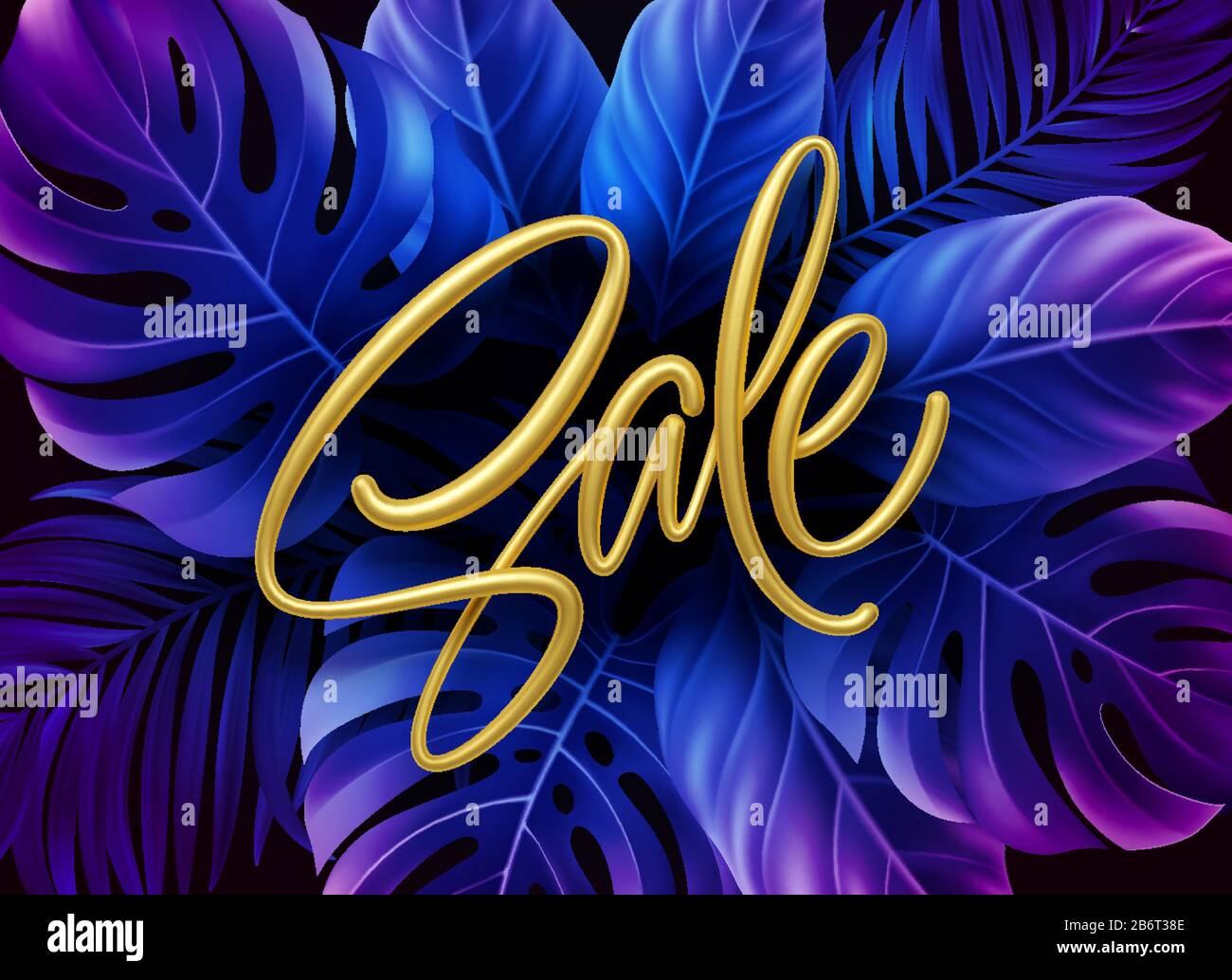Golden metallic summer sale lettering on a purple bright background from tropical leaves of plants. Vector illustration Stock Vector