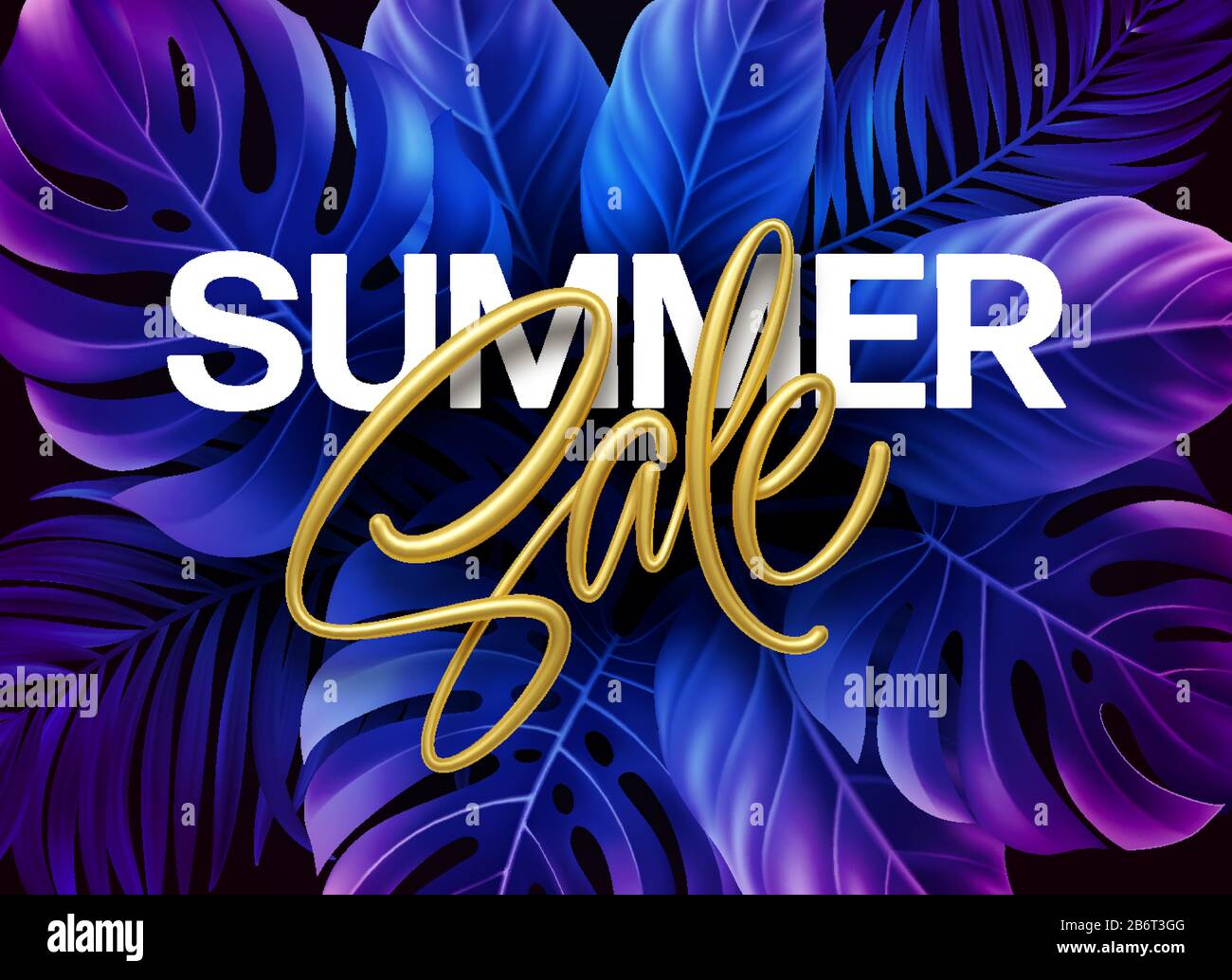 Golden metallic summer sale lettering on a purple bright background from tropical leaves of plants. Vector illustration Stock Vector