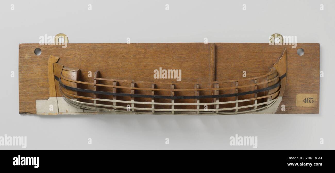 Halfmodel van een poon Gepolychromeerd mallenmodel (stuurboord) van een platbodem eenmaster. Rond achterschip, breed roer, kiel met hieling. De zeeg loopt naar beide uiteinden op, barkhout doorlopend op voor- en achtersteven. Manufacturer : modelmaker: anoniemPlaats manufacture: Nederland Dating: 1780 - 1820 Physical kenmerken: hout Material: hout Techniek: polychromie Dimensions: h 19,8 cm.  × b 72,1 cm.  × d 8,8 cm. Stock Photo