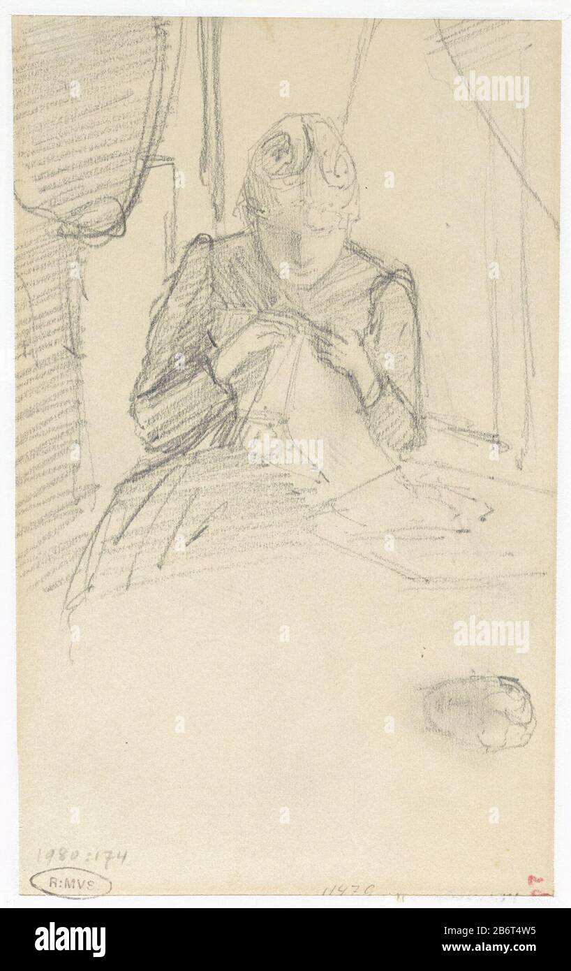 Handwerkende vrouw Hand Working woman object type: drawing Object number: RP-T-1980-174 (V) Manufacture Vervaardiger:  draftsman: Jozef Israel Date: 1834 - 1911 Physical characteristics: pencil material: paper pencil Dimensions: h 208 mm × W 133 mm Subject: ( or other forms) needlework, eg: crocheting, knitting, and embroidering Stock Photo