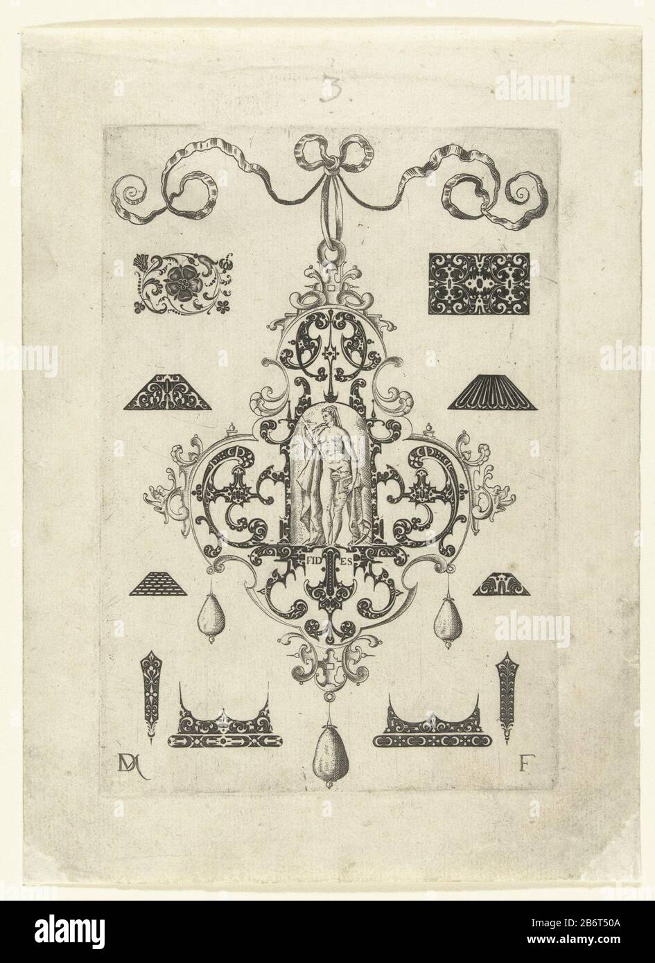 Hanger met Fides Fides (titel op object) In timore ac charitate de  (serietitel) Fides a frame of scrollwork. Journal of series of pendants  with virtues, consisting of a title page and seven