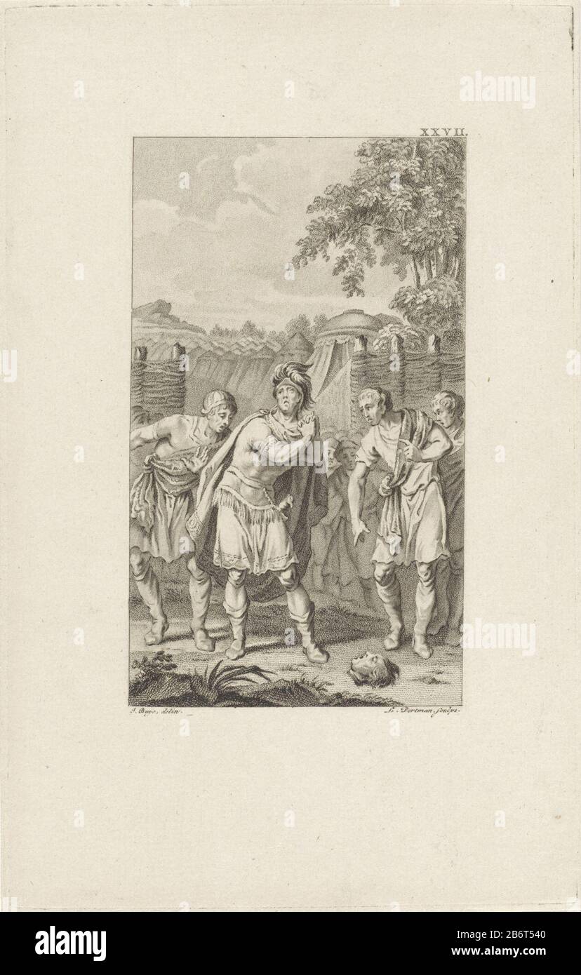 Hannibal bij het hoofd van Hasdrubal The head of the Carthaginian general Hasdrubal Barca by the Romans the fence of the Carthaginian army camp thrown. His brother Hannibal Barkas burst into tears when he disregards the liggen. Manufacturer : printmaker: Ludwig Gottlieb Portman (listed property) to drawing: Jacobus Buys (listed property) Place manufacture: Amsterdam Date: 1795 Physical features: stippelets Material: Paper Engineering : stippelets Dimensions: plate edge: h 214 mm × W 135 mmToelichtingIllustratie of: Stuart, Martinus. Roman histories, Volume VII, p. 566. Amsterdam: Johannes Alla Stock Photo
