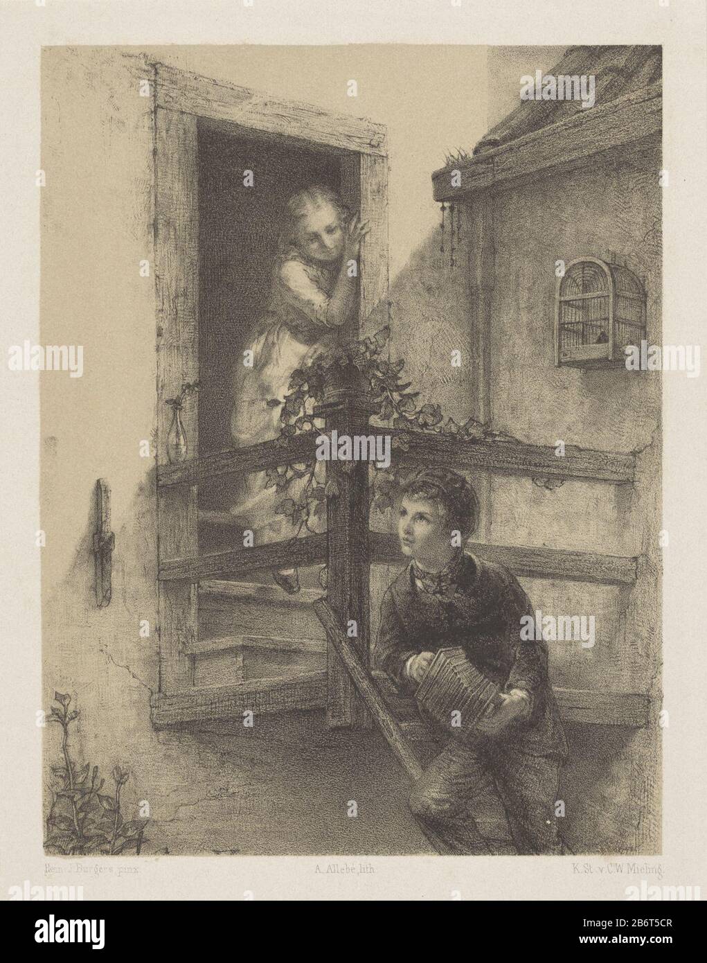 Harmonica spelende jongen A boy leaning against the balcony of a house and plays an accordion. In the doorway stands a girl listening. Next to her is a small vase with a flower and on the wall hangs a vogelkooi. Manufacturer : printmaker: August Allebé (listed property) to painting: Hein Burgers (listed building) printer: Royal Dutch Steendrukkerij of CW Mieling (listed property) Place manufacture: printmaker: Amsterdam Publisher: The Hague Date: 1858 Physical features: tone lithograph in black with tone block beige material: paper Technique: tone lithography dimensions: sheet: H 255 mm × W 20 Stock Photo