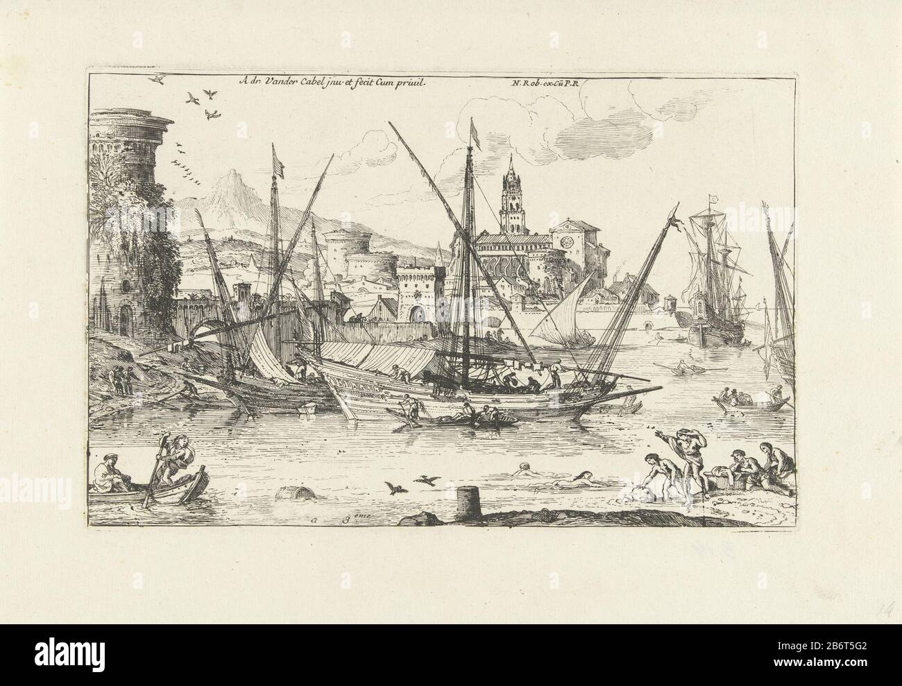 Haven Landschappen, serie twee (serietitel) View of a harbor with sailboats and rowboats. In the foreground bathing people on the background a town with kathedraal. Manufacturer : printmaker: Adriaen van der Cabel (listed building) in its design: Adriaen van der Cabel (listed building) Publisher: Robert N. (listed object ) provider of privilege: Louis XIV (king of France) (listed building) Place manufacture: France (possible) Dated: 1648 - 1705 Physical features: etching material: paper Technique: etching dimensions: plate edge: h 151 mm × W 234 mm Subject: harbor Stock Photo