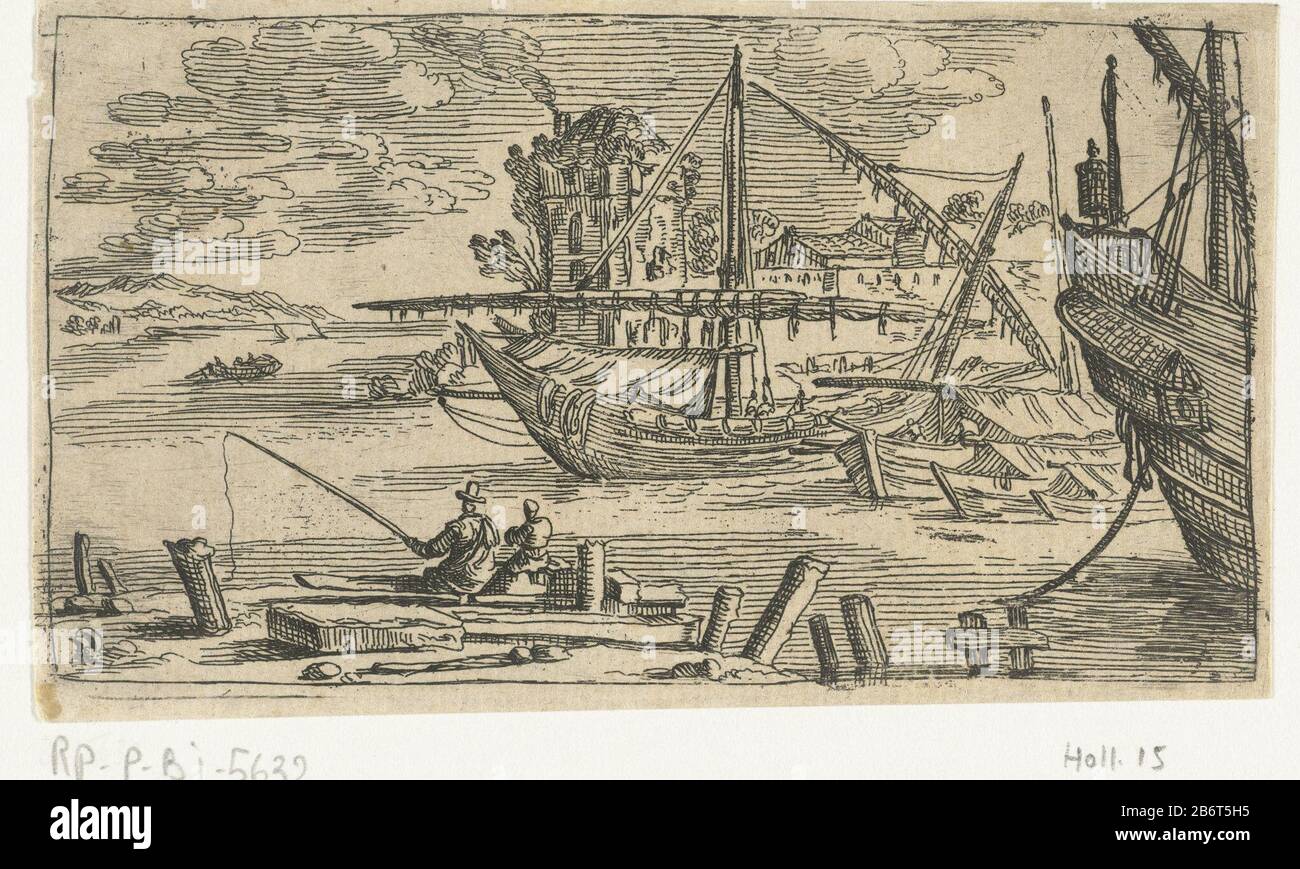 Haven met hengelaar A port with some fishing boats. In the foreground, an angler on the kade. Manufacturer : printmaker Abraham Casembrootnaar own design: Abraham CasembrootPlaats manufacture: Southern Netherlands Date: 1603 - 1658 Physical features: etching material: paper Technique: etching Dimensions: plate edge: H 79mm × W 140 mm Subject: harbor fisherman Stock Photo