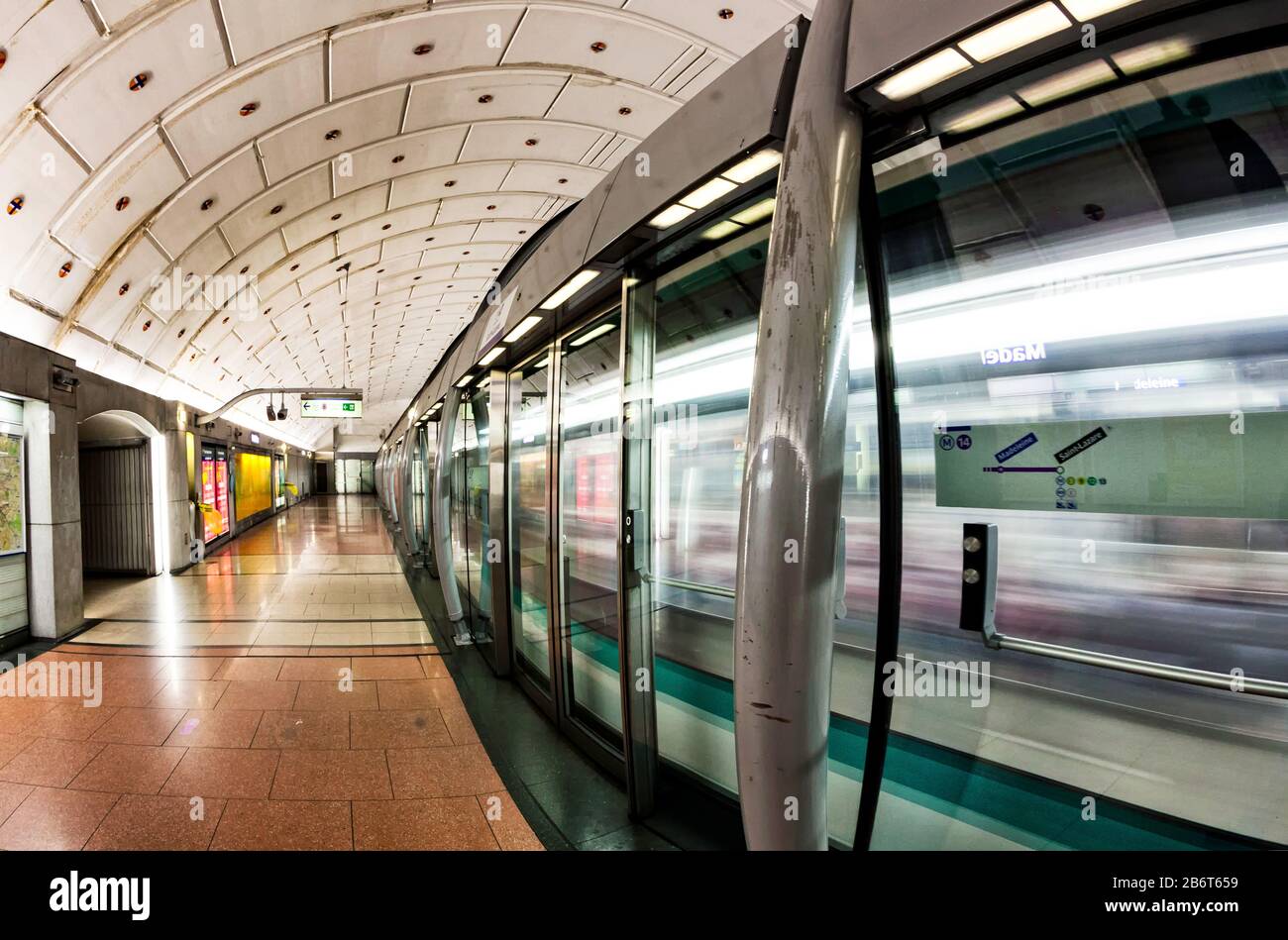 Computer-controlled, automated express train on line 14 leaving Madeleine  Metro station, Right Bank, Paris, France, Europe Stock Photo - Alamy
