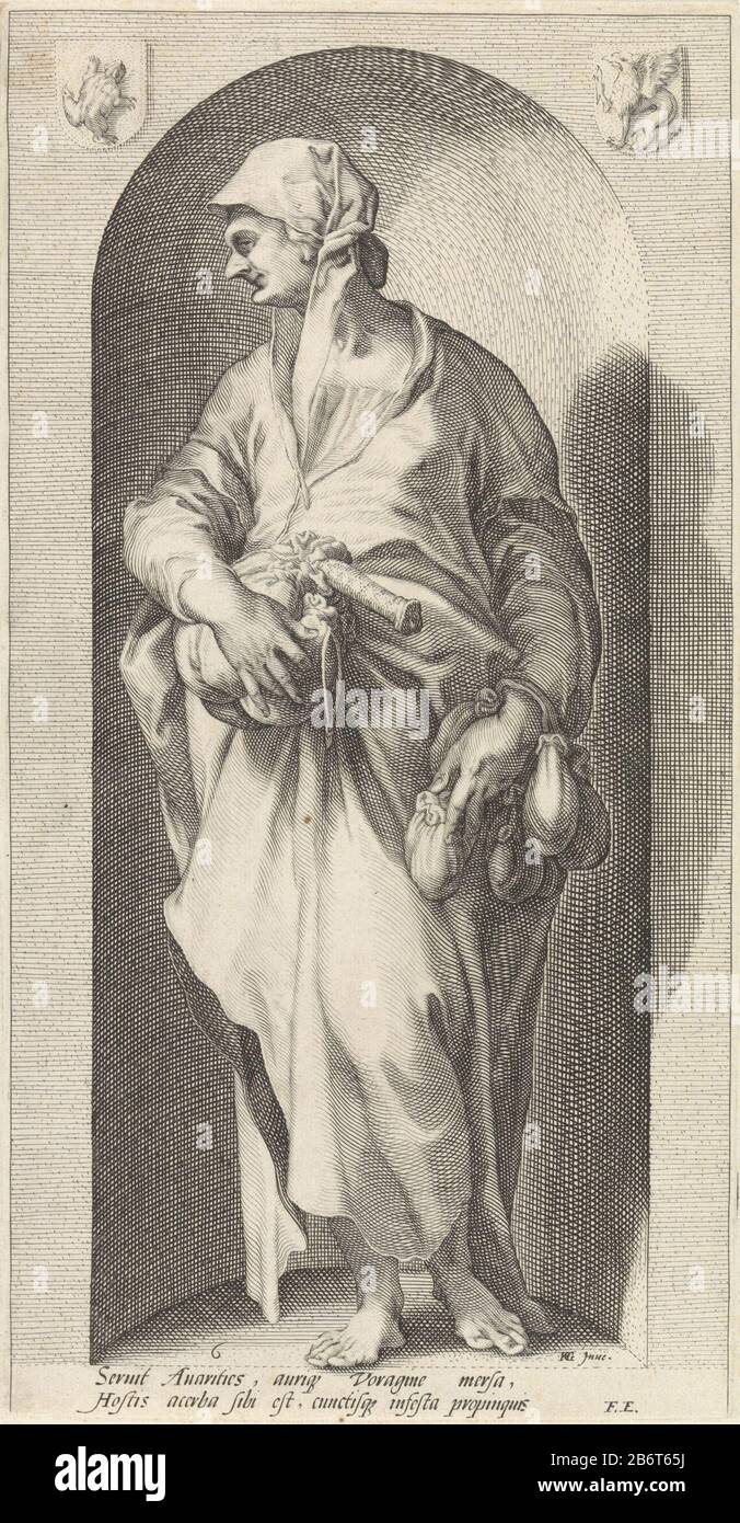 Hebzucht (Avaritia) De zeven hoofdzonden (serietitel) Personification of greed, depicted as a female figure many geldbeurzen. Manufacturer : printmaker Mathamnaar design: Hendrick Goltzius (listed building) author: Franco Estius (listed ...