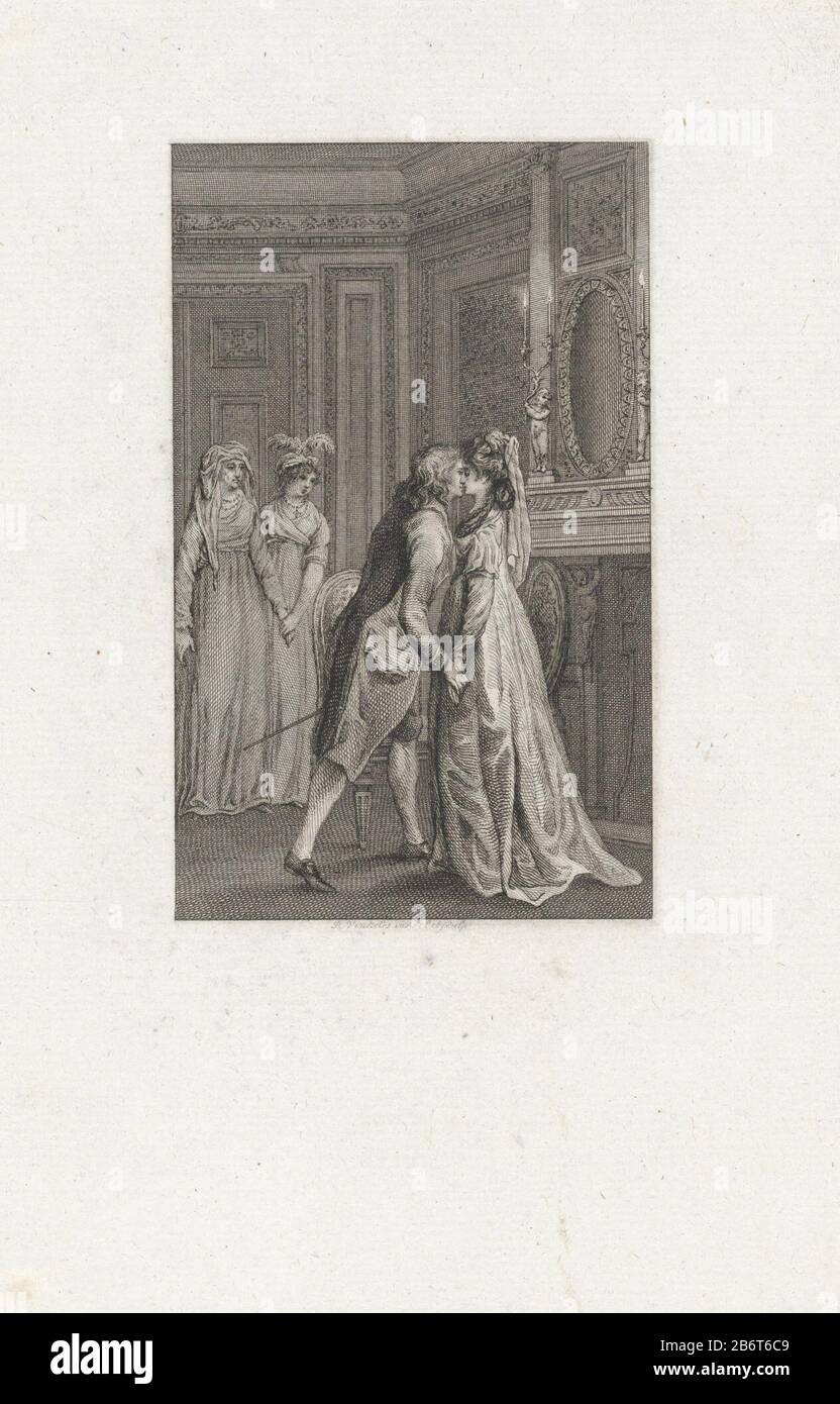 Heer kust een dame in een vertrek In the presence of two women kissing a  man a woman on her mond. Manufacturer : printmaker: Reinier Vinkeles (I)  (listed building) Place manufacture: Amsterdam