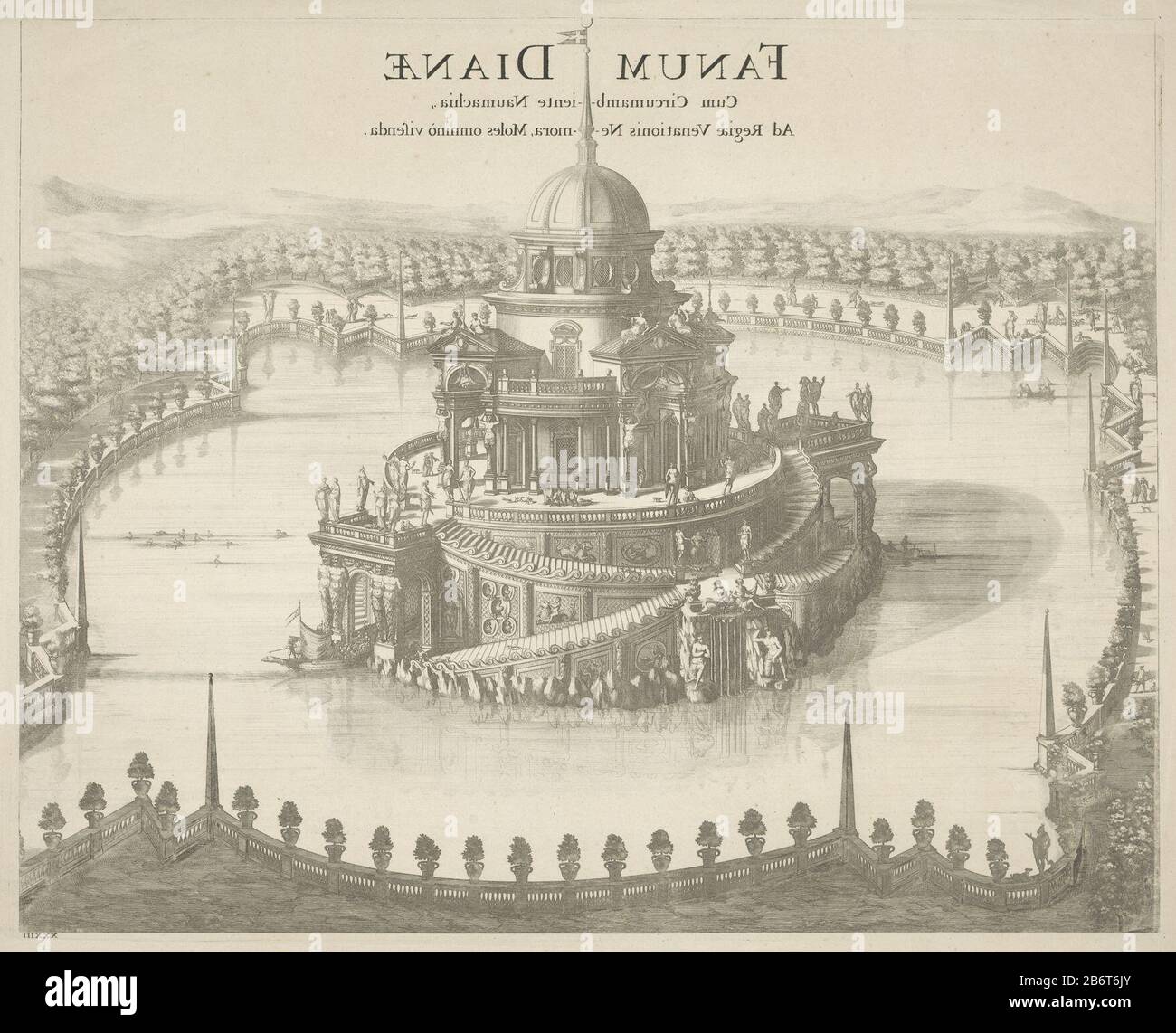 Heiligdom van Diana Fanum Dianae (titel op object) A shrine to the goddess Diana, surrounded by a large pond in a landscape. Numbered bottom left: XXXIII Manufacturer : print maker: anonymous location manufacture: Italy Date: 1600 - 1699 Physical characteristics: counter-pressure of an etching and engra material: paper Technique: etching / engra (printing process) / counter-pressure dimensions: sheet: h 535 mm × W 640 mm Subject: asylum, sanctuary ( or story) Diana (Artemis) Stock Photo