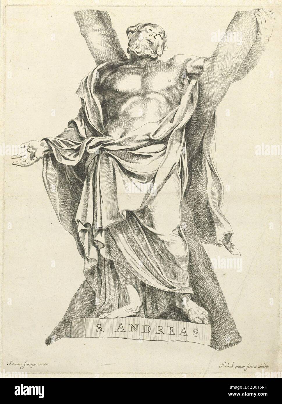 Heilige Andreas Saint Andrew, with x- shaped cross. The statue of François Duquesnoy. Manufacturer : printmaker: Hendrick de Graauw (listed building) to view: François Du Quesnoy (listed building) Publisher: Hendrick de Graauw (listed property) Date: ca. 1637 - 1693 Physical features: etching material: paper Technique: etching dimensions: plate edge b 312 mm x h 413 mm Subject: the apostle Andrew; possible attributes: book, X-shaped cross, fish, fishing net, rope, scroll right and Stock Photo
