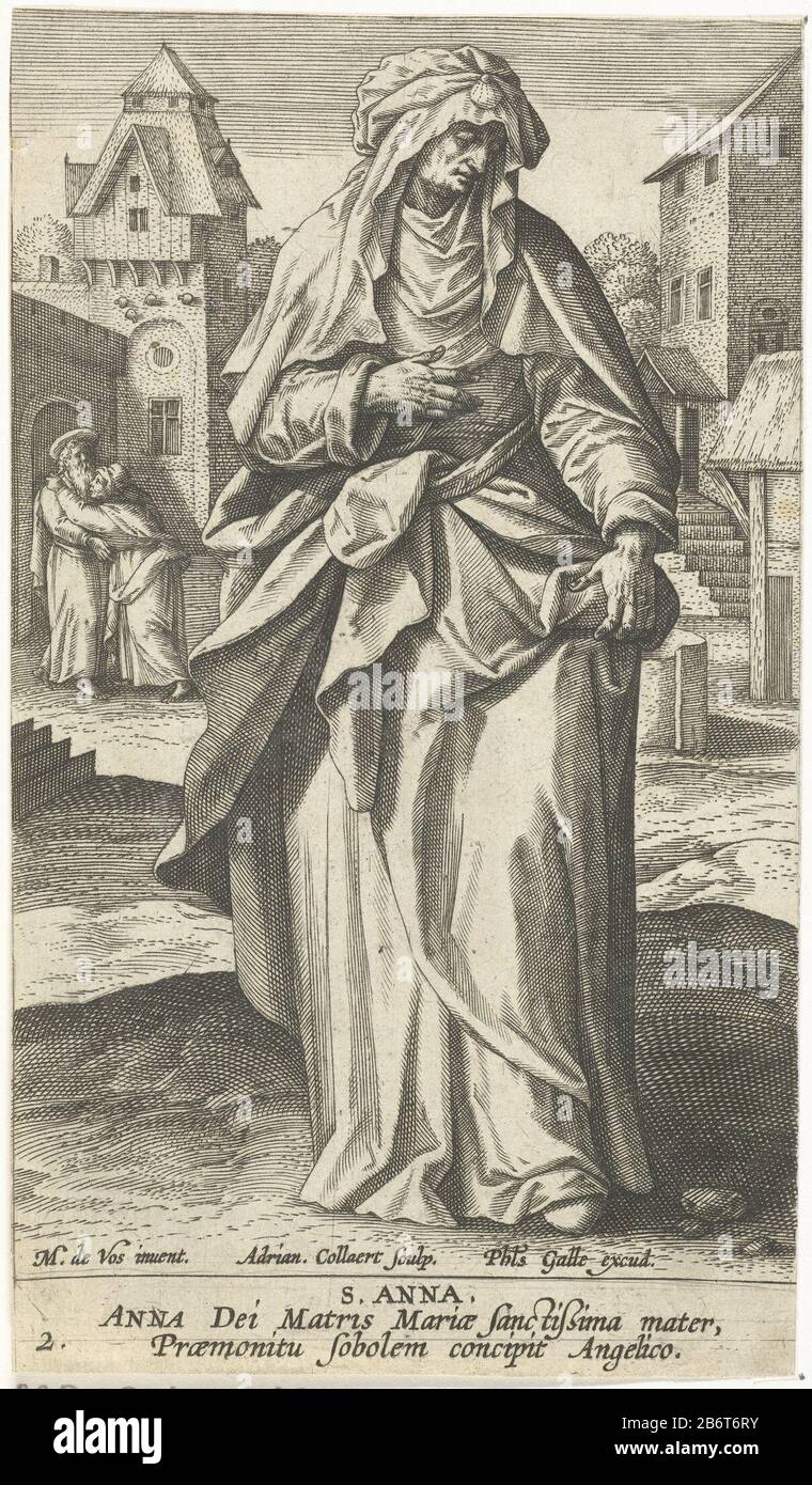 Heilige Anna S Anna (titel op object) Beroemde vrouwen uit het Nieuwe Testament (serietitel) Icones Illvstrivm Feminarvm Novi Testamenti (serietitel) in the foreground Anna, the mother of the virgin Mary. In the background the encounter between Anna and her husband Joachim at the gates of Jerusalem. The print has a Latin caption and is part of a picture series with famous women from the New Testament. Manufacturer : printmaker: Adriaen Collaert (listed property) designed by: Marten de Vos (listed building) publisher: Philip Galle (listed object) author: Cornelis KiliaanPlaats manufacture: Antw Stock Photo