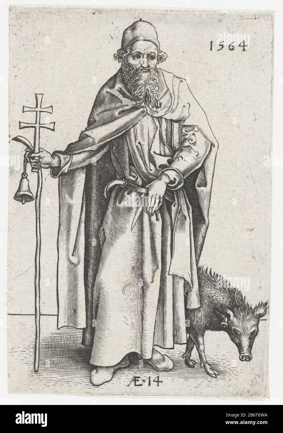 Heilige Antonius Saint Anthony with a staff , a cross and a bell in hand and a pig at his feet. At the bottom of the presentation is 'AE * 14'. Manufacturer : to print by Martin Schongauerprentmaker: Jerome Who: rixPlaats manufacture: Antwerp Date: 1564 Physical features: car material: paper Technique: engra (printing process) Dimensions: sheet: H 89 mm × W 60 mmToelichtingKopie in mirror image to a print of Schongauer. Klinkert, C. Subject: the hermit Antony Abbot (Antonius Abbas) of Egypt, also called the Great; possible attributes: bell, book, T-shaped staff, flames, pig Stock Photo