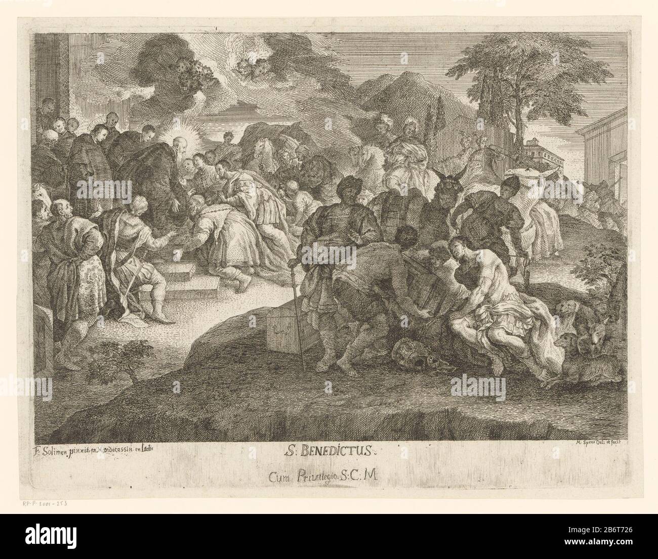 Heilige Benedictus en mannen met een schatkist S Benedictus (titel op object) Heilige Benedictus en mannen met een schatkistS. Benedictus (titel op object) Object Type : prent Objectnummer: RP-P-2001-253Catalogusreferentie: LeBlanc 12 Inscriptions / Merken: collector's mark , verso, gestempeld: Lugt 2228 Manufacturer : prentmaker: Martin Speer (vermeld op object)naar eigen ontwerp van: Martin Speer (vermeld op object)naar schildering van: Francesco Solimena (vermeld op object)verlener van privilege: onbekend (vermeld op object)Plaats manufacture: prentmaker: Regensburgnaar schildering van: La Stock Photo