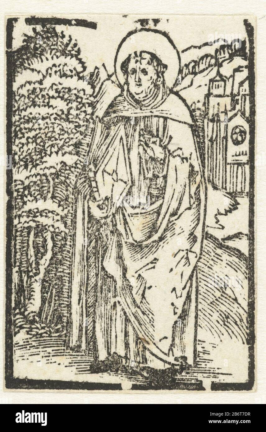 Heilige Dominicus The Holy Dominicus with a boek. Manufacturer : print maker: Albrecht Dürer (near) Place manufacture: Nürnberg Date: 1503 Physical characteristics: wood block material: paper Technique: wood block dimensions: image: h 63 mm × b 42 mmToelichtingIllustratie for: Salus anim [a] e, Nuremberg : Hieronymus Höltzel, 1503. Klinkert, C. Subject Dominic (us) or Calerueja Guzman, founder of the Order of Preachers (or Dominican (Black) Friars; possible attributes: book, dog with flaming torch, lily, loaf of bread, rosary, star Stock Photo