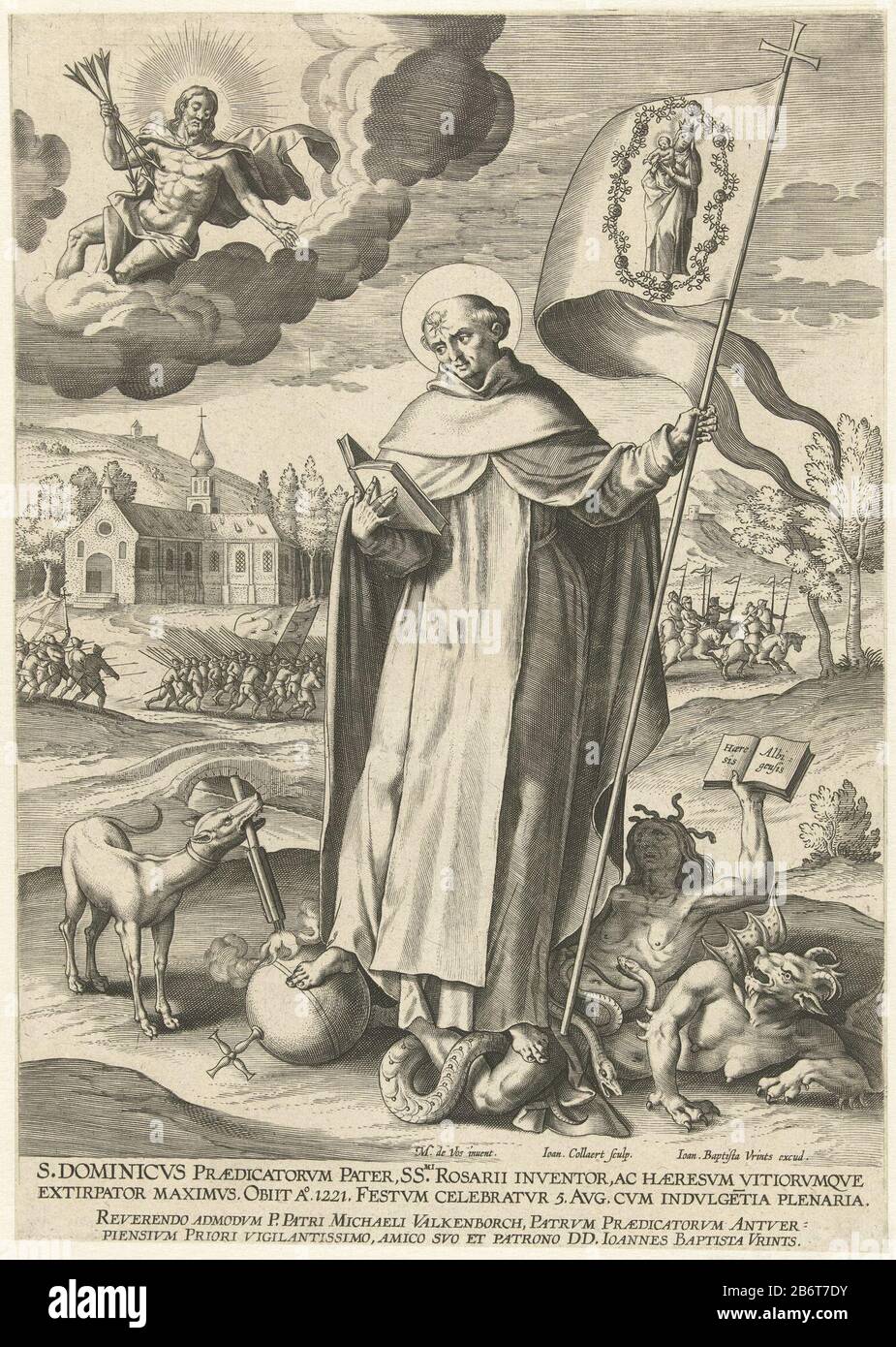 Heilige Dominicus The Saint Dominic bears habit of his order. In his hand a book and a flag Where: Maria on a rosary. On his forehead a star. Dominic trampled the heresies of the Albigenses. Beside him his attribute: a dog with a burning torch in his mouth (Domini canis). In the upper left corner the vision of Christ with three arrows, the virtues of the Dominican order: obedience, poverty and chastity. In the background a passing army. The print has a Latin onderschrift. Manufacturer : printmaker Jan Collaert (II) (listed building), designed by: Marten de Vos (listed building) Editor: Johanne Stock Photo