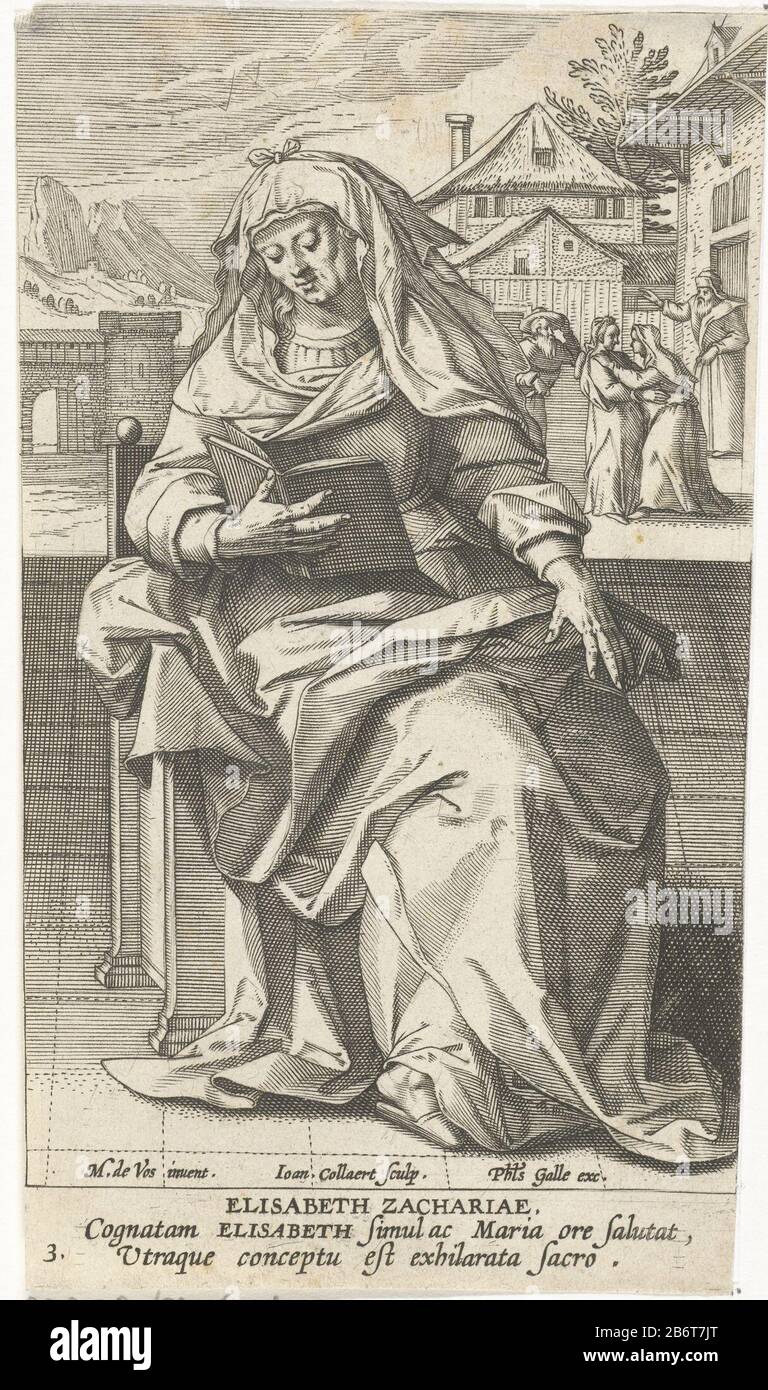 Heilige Elisabet Elisabeth Zachariae (titel op object) Beroemde vrouwen uit het Nieuwe Testament (serietitel) Icones Illvstrivm Feminarvm Novi Testamenti (serietitel) in the foreground Elizabeth, mother of John the Baptist, reading on a chair. In the background, the meeting between Elizabeth and Mary. The print has a Latin caption and is part of a picture series with famous women from the New Testament. Manufacturer : printmaker Jan Collaert (II) (listed building), designed by: Marten de Vos (listed building) Publisher: Philips Galle (listed on object) author: Cornelis KiliaanPlaats manufactur Stock Photo