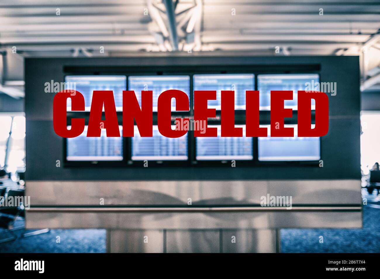 Canceled flights from China in Europe airports. Travel vacations cancelled for fear of spreading coronavirus Airport terminal screens showing departures and arrivals of planes with title in red. Stock Photo
