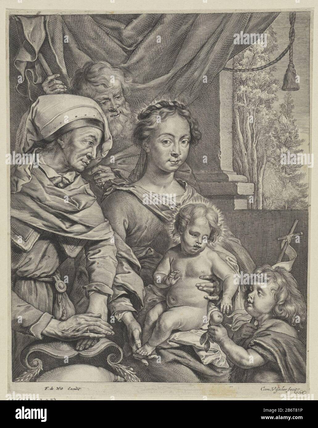 Heilige Familie met Elisabet en Johannes The Holy Family with Elizabeth and John the Baptist as a child. John, ha in his hand a standard, represents the BC Child and hands him a peer aan. Manufacturer : print maker: Cornelis Visscher (II) (referred to on object) to a design of: Jacopo Palma (il Vecchio) (possible) publisher: Frederik de Wit (listed property) Place manufacture: printmaker: Haarlem Publisher: Amsterdam Date: 1638 - 1706 Physical features: engra and etching material: paper Technique: engra (printing process) / etch dimensions: sheet: h 303 mm × W 234 mm Subject: Holy Family with Stock Photo