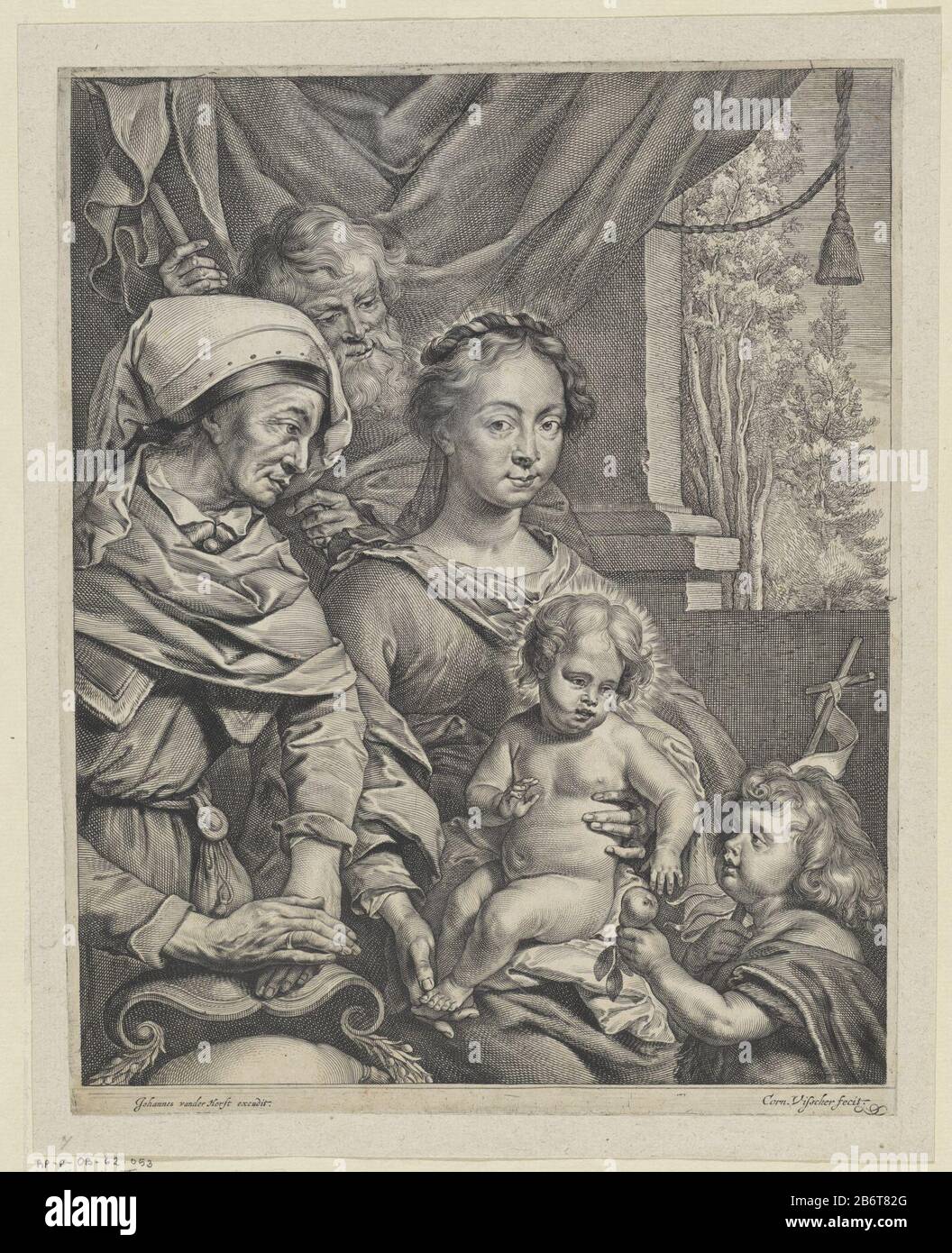 Heilige Familie met Elisabet en Johannes The Holy Family with Elizabeth and John the Baptist as a child. John, ha in his hand a standard, represents the BC Child and hands him a peer aan. Manufacturer : print maker: Cornelis Visscher (II) (referred to on object) to a design of: Jacopo Palma (il Vecchio) (possible) publisher: John van der Horst (listed property) Place manufacture: Haarlem Dating: 1638 - 1658 Physical features: engra and etching material: paper Technique: engra (printing process) / etch dimensions: sheet: h 299 mm × W 234 mm Subject: Holy Family with John the Baptist (pbuh child Stock Photo